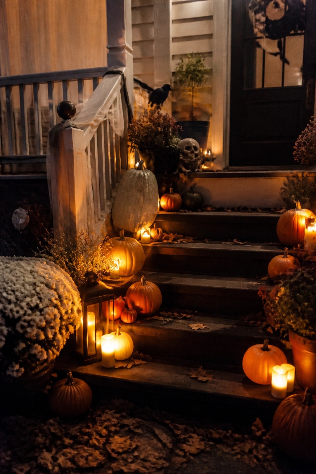 Front porch steps lined with glowing jack-o'-lanterns, lanterns, and small pumpkins beside a skull and potted mums.