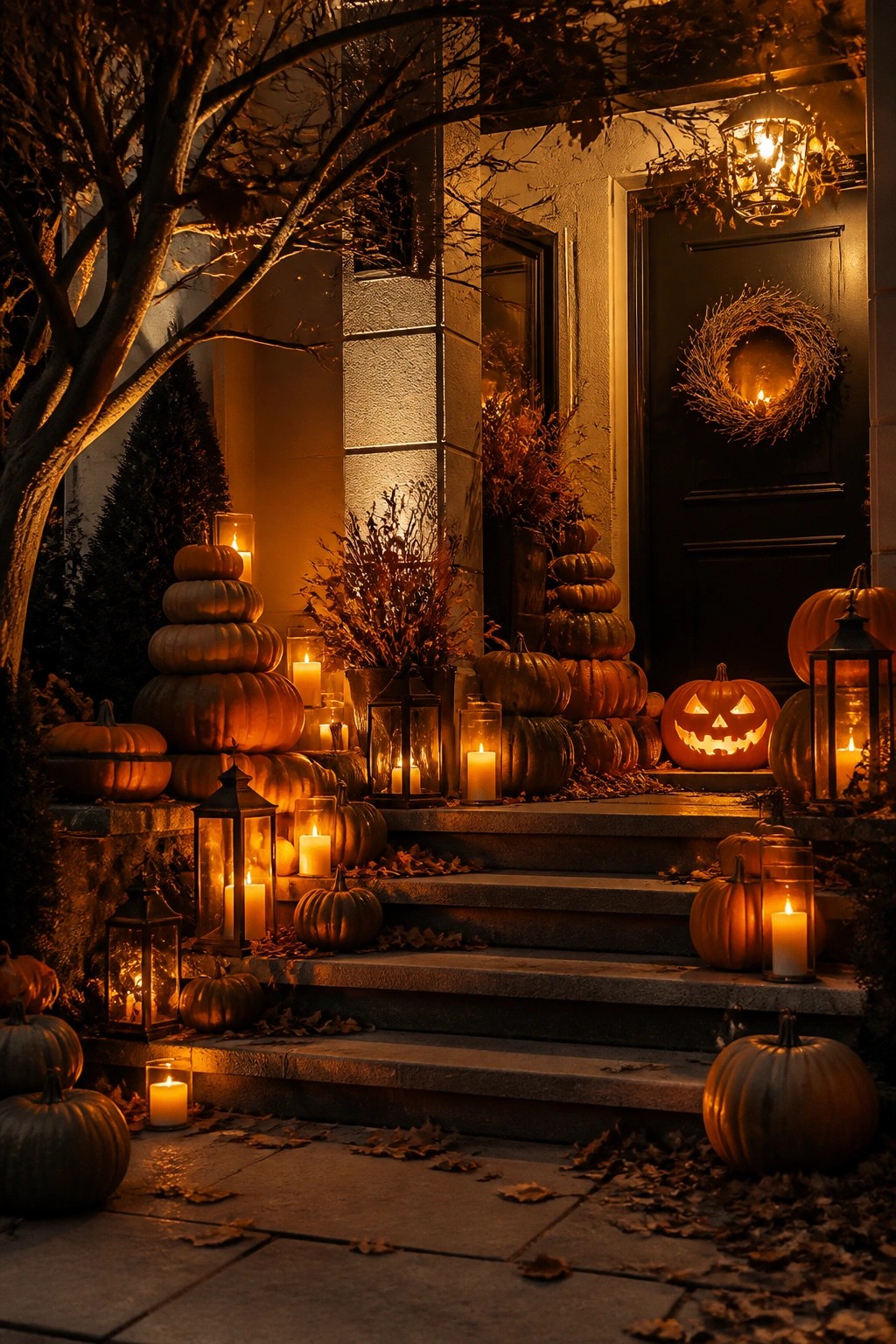 Front porch steps decorated with stacked pumpkins, carved jack o'lanterns, and glowing lanterns at night.