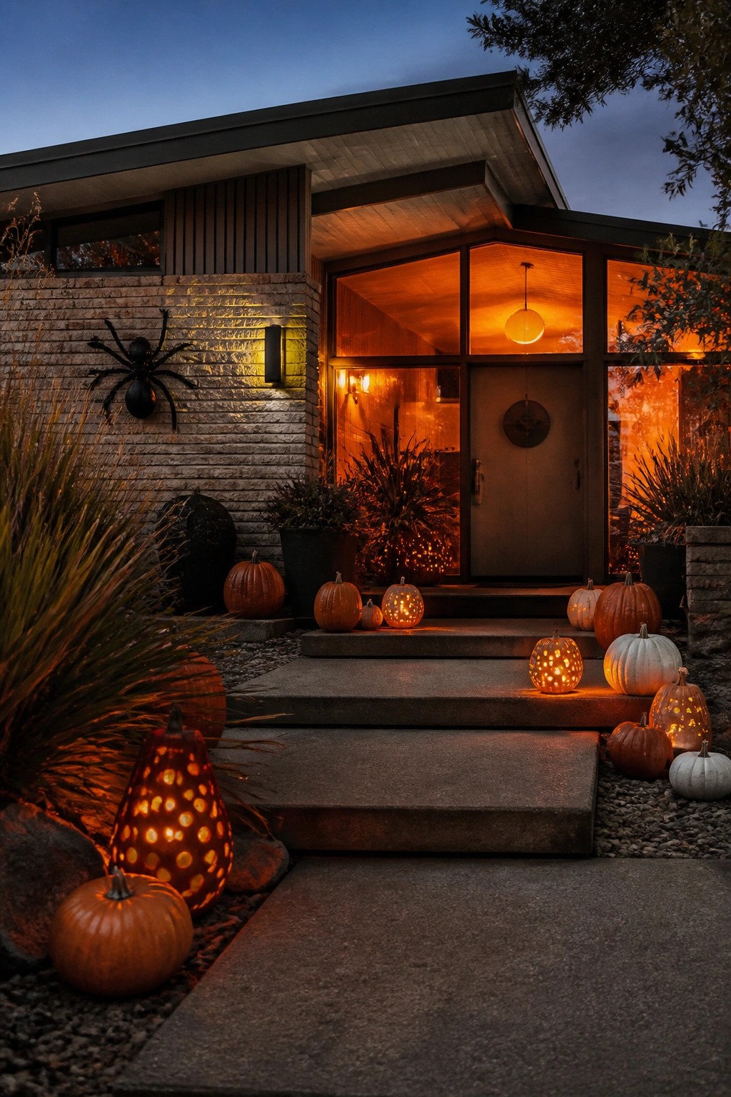 Front entrance with multiple glowing carved pumpkins arranged on concrete steps, a large black spider decoration on the brick wall, and additional pumpkins scattered around the doorway.