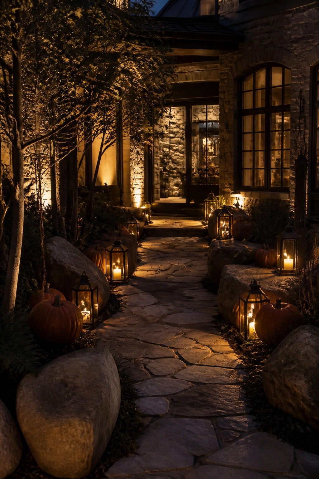 Stone walkway lined with glowing black lanterns and orange pumpkins leading to a house entrance at night.