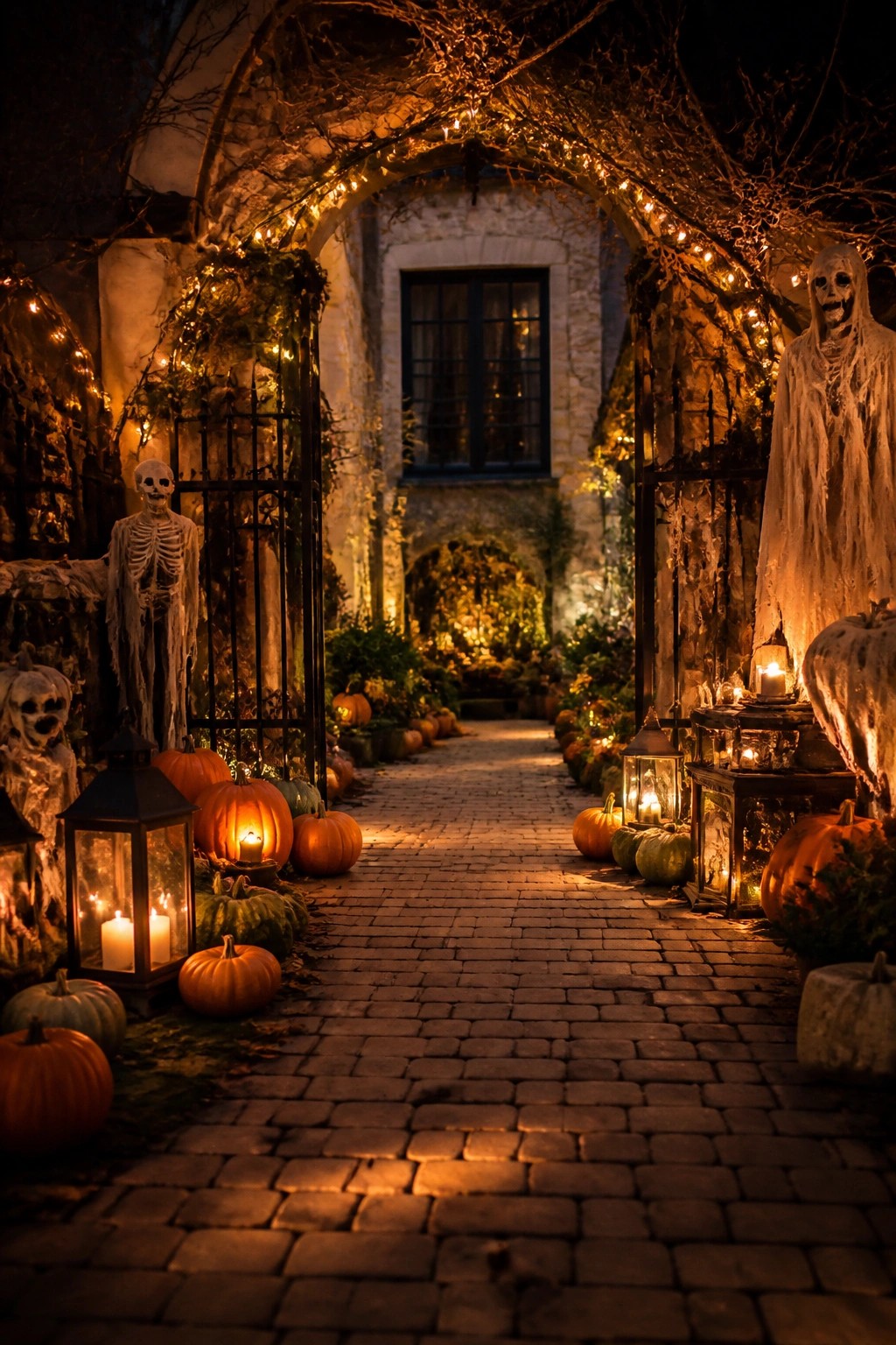 Halloween cobblestone path with glowing pumpkins, lanterns, and skeleton figures under lit stone arch