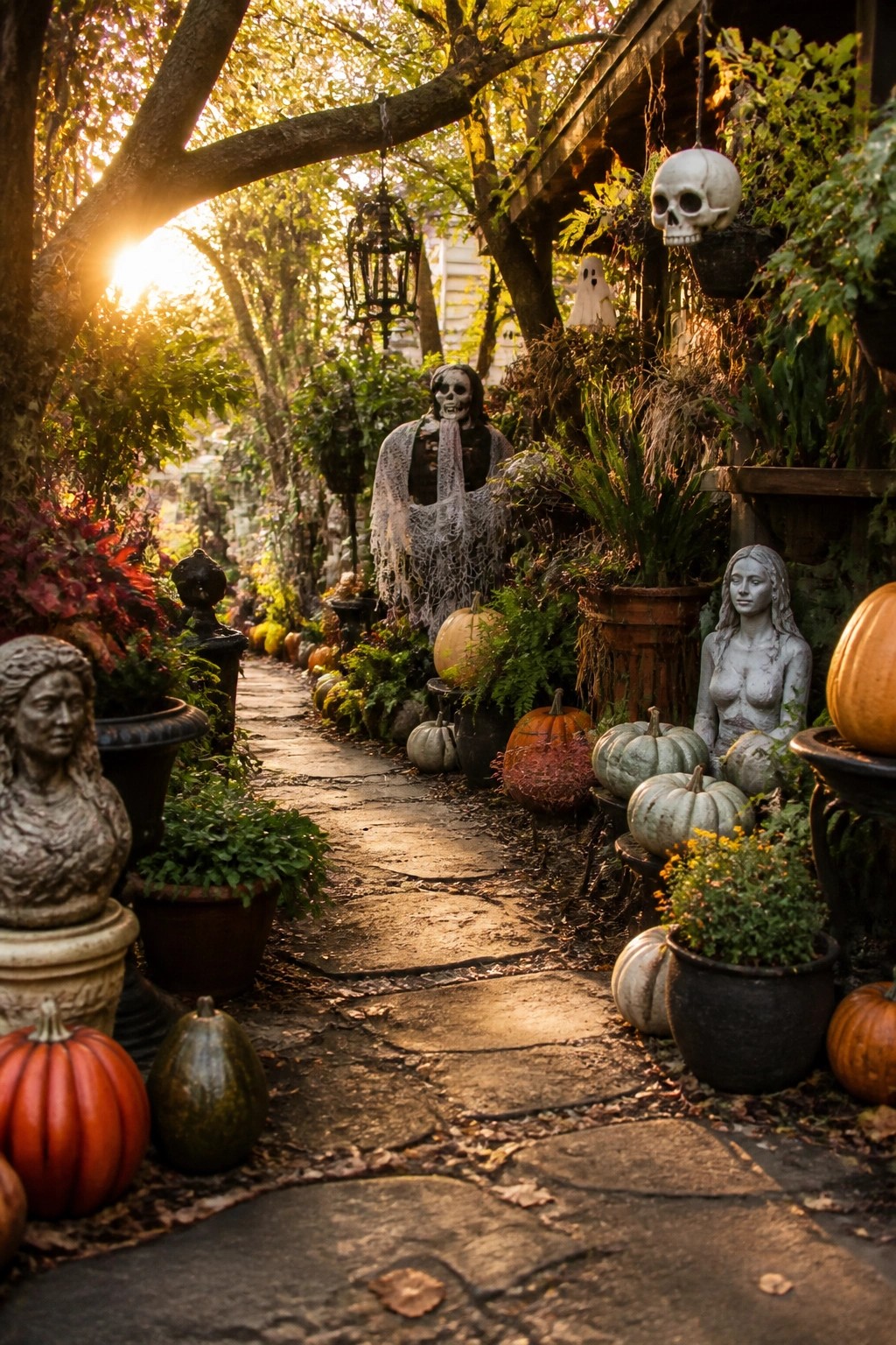 Stone garden walkway lined with multiple skeleton figures, skulls, and pumpkins among potted plants.