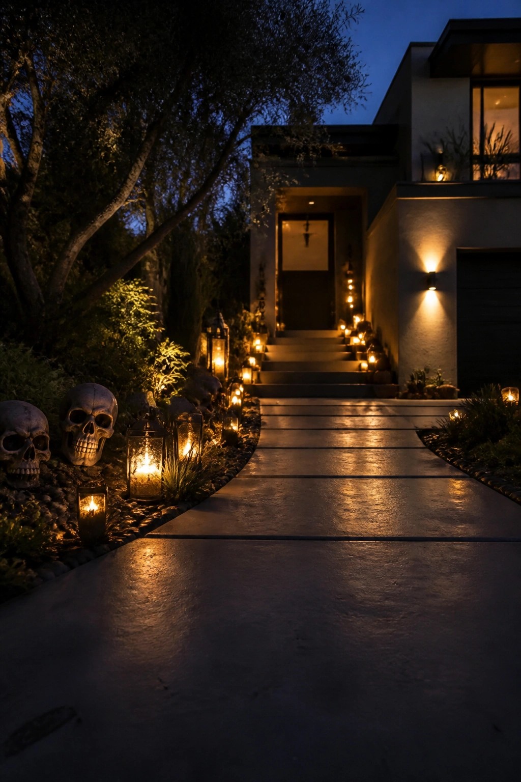 Outdoor walkway lined with skulls and glowing lanterns leading to a modern house entrance at night.
