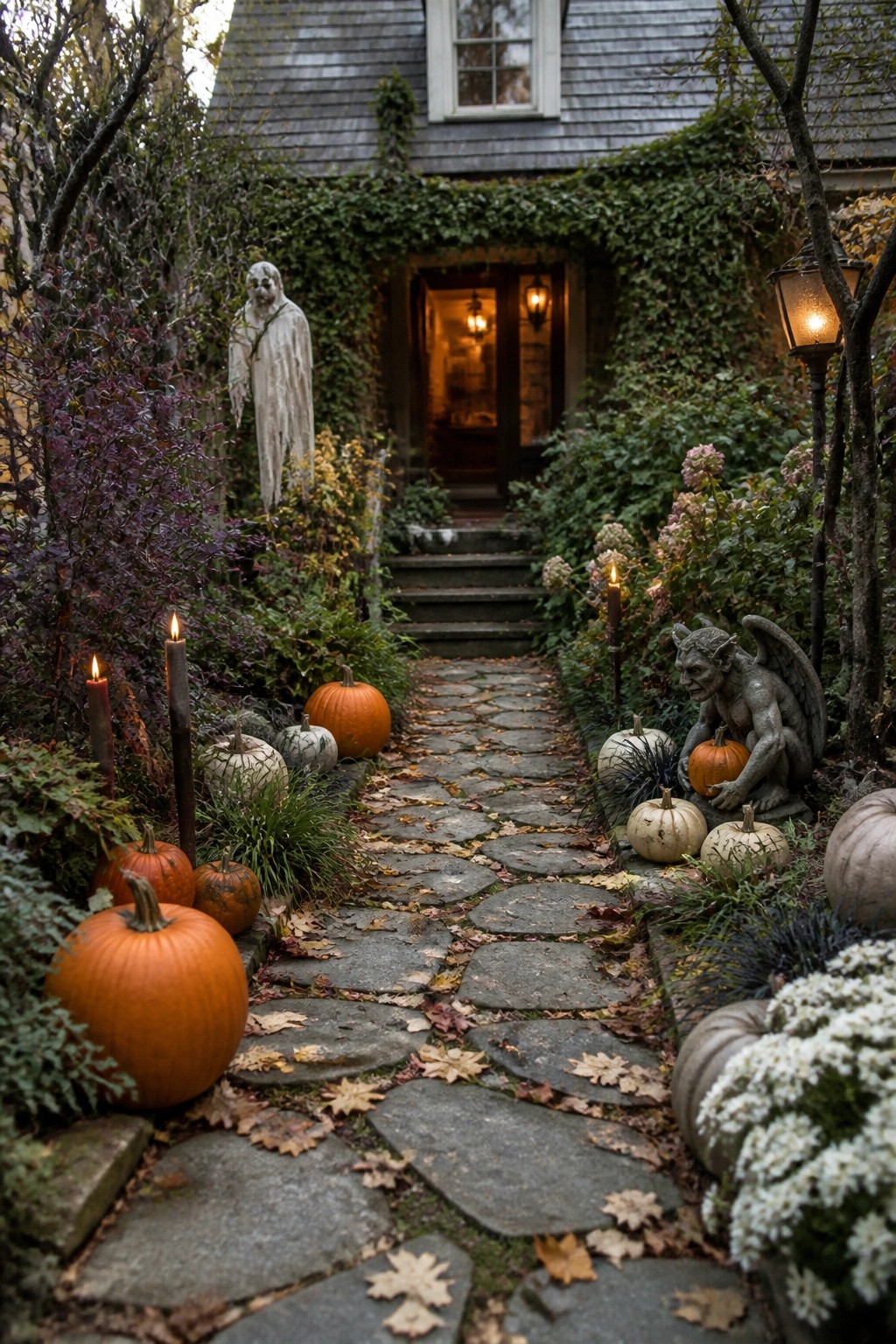Spooky garden path with pumpkins, candles, ghost and gargoyle statues to ivy house.