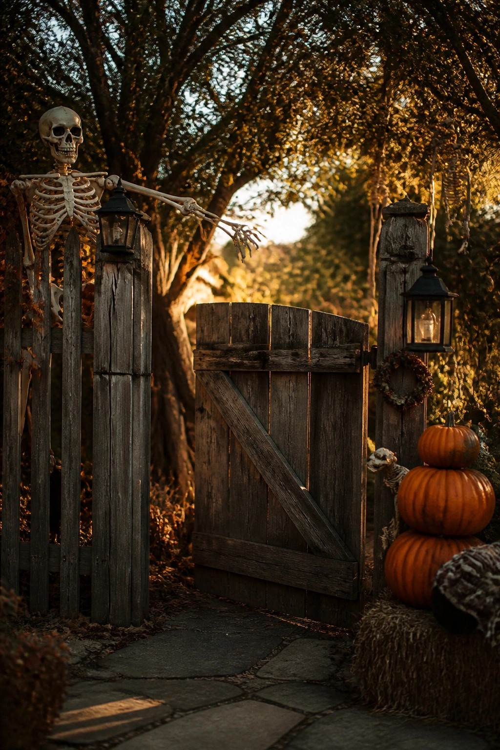 Wooden gate on a stone path decorated with a life-size skeleton holding a lantern on the left post and stacked pumpkins with another skeleton on the right.
