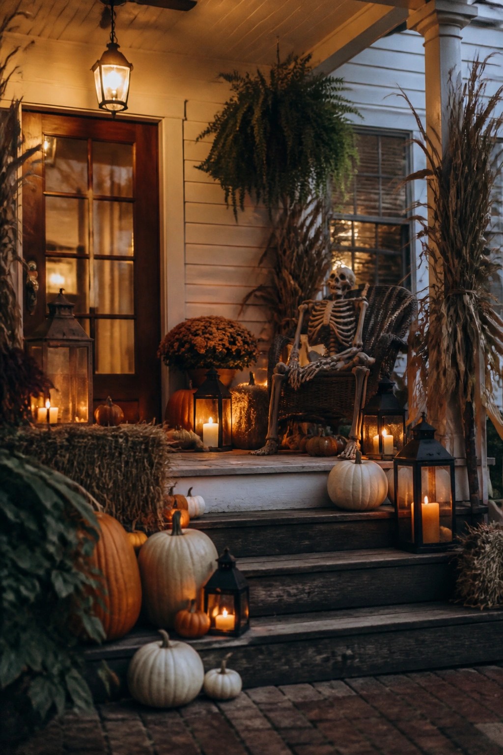 Front porch with a skeleton seated in a wicker chair, surrounded by lit lanterns, white and orange pumpkins, and dried corn stalks.