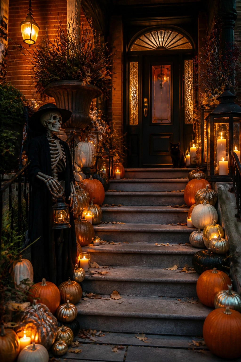 Front porch steps decorated with a large skeleton in a black cloak and hat, surrounded by orange and metallic pumpkins plus lit lanterns.