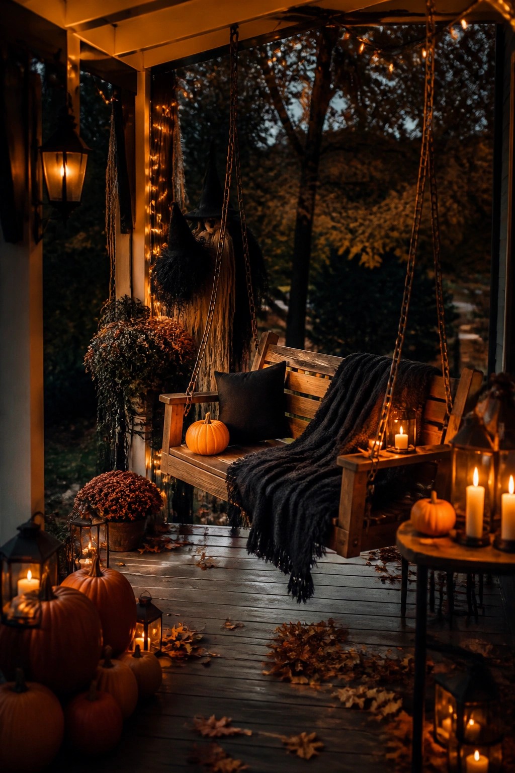 Wooden porch swing decorated with a large hanging witch figure in a black hat, small pumpkins, a dark blanket, and glowing lanterns on an outdoor deck.