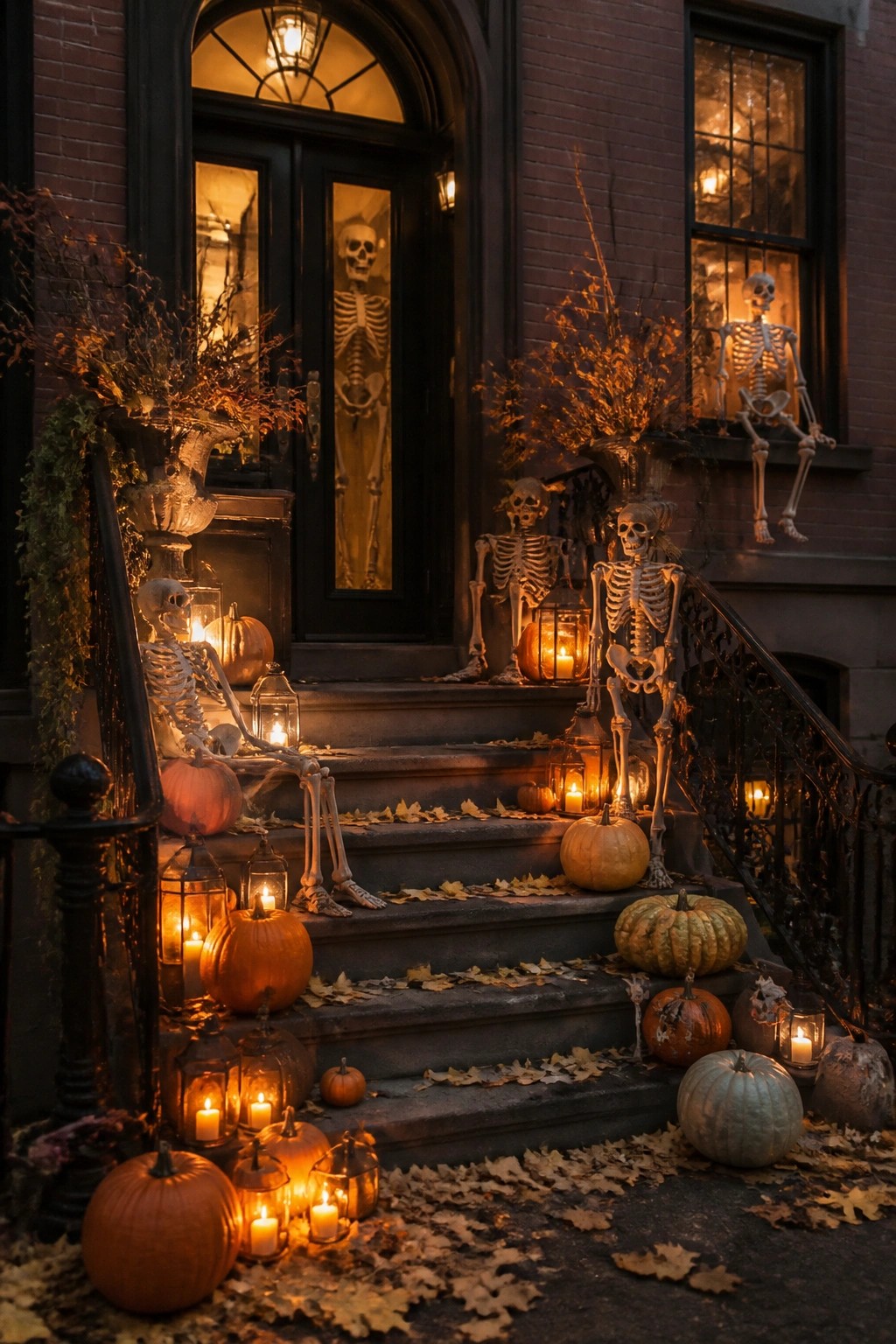 Front porch stairs decorated with multiple posed skeletons, pumpkins, and lanterns at night.