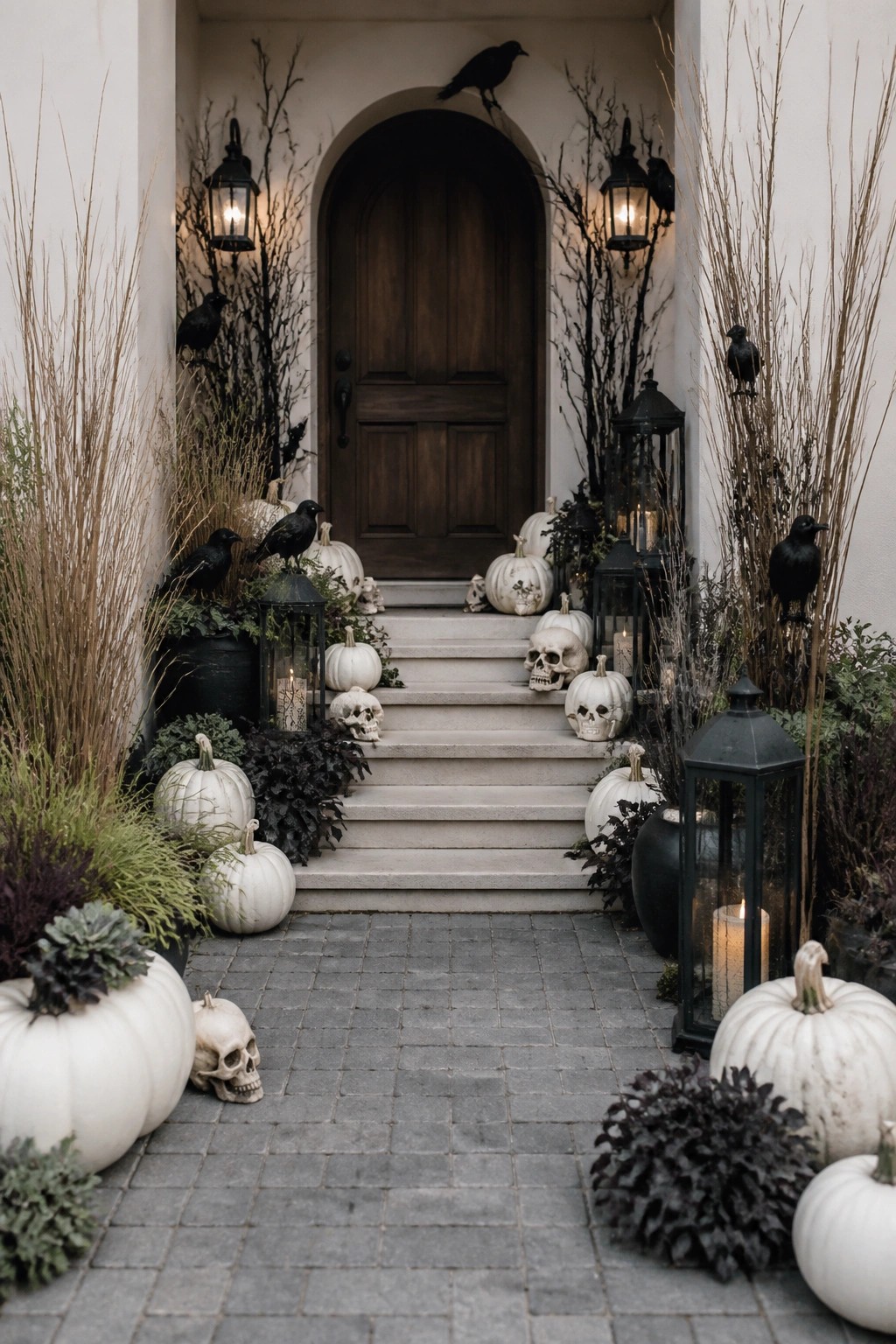 Halloween porch with white pumpkins, skulls, black crows, lanterns, and bare branches.