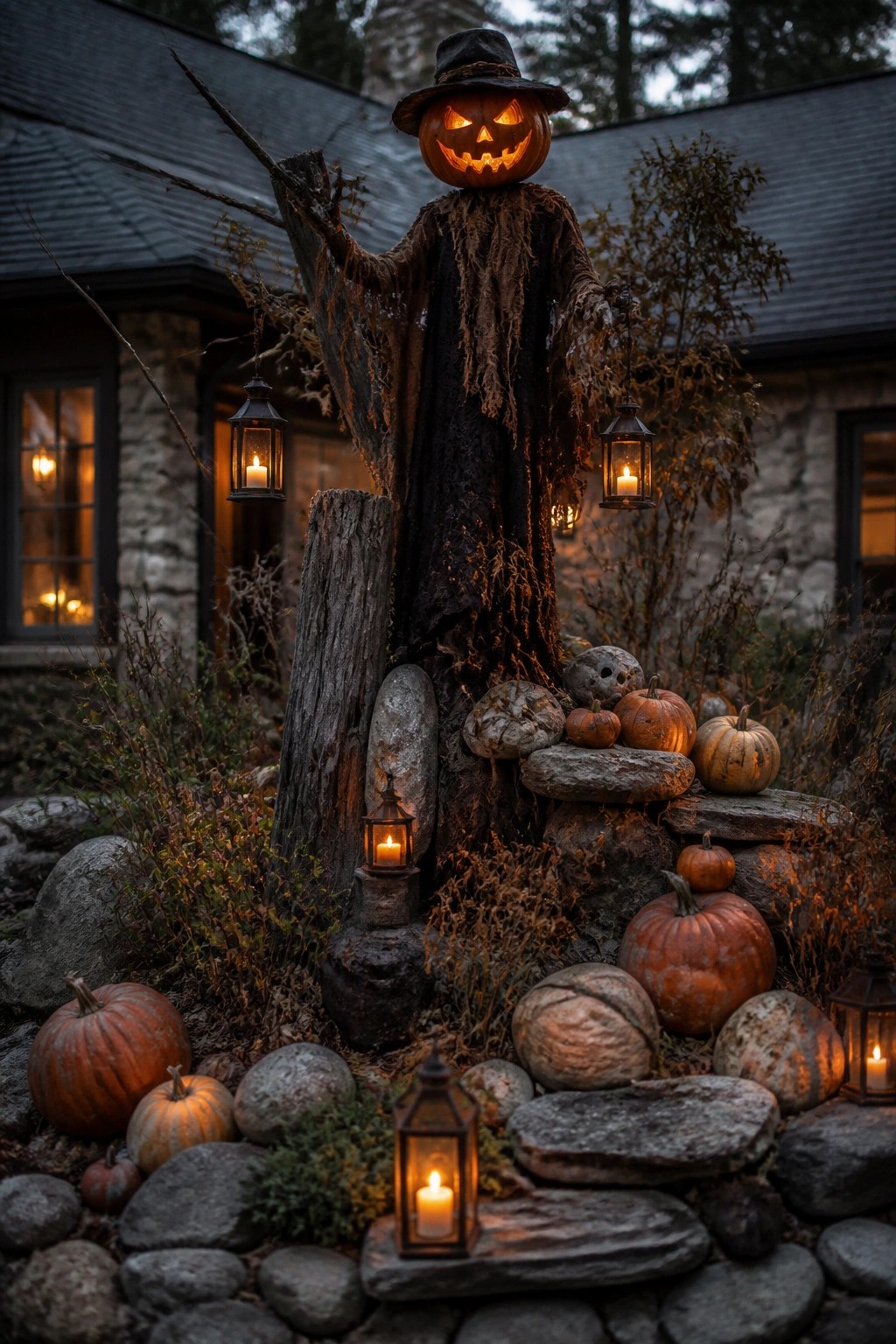 A tall scarecrow figure with a glowing carved pumpkin head stands among rocks and pumpkins outside a stone house while holding lanterns.