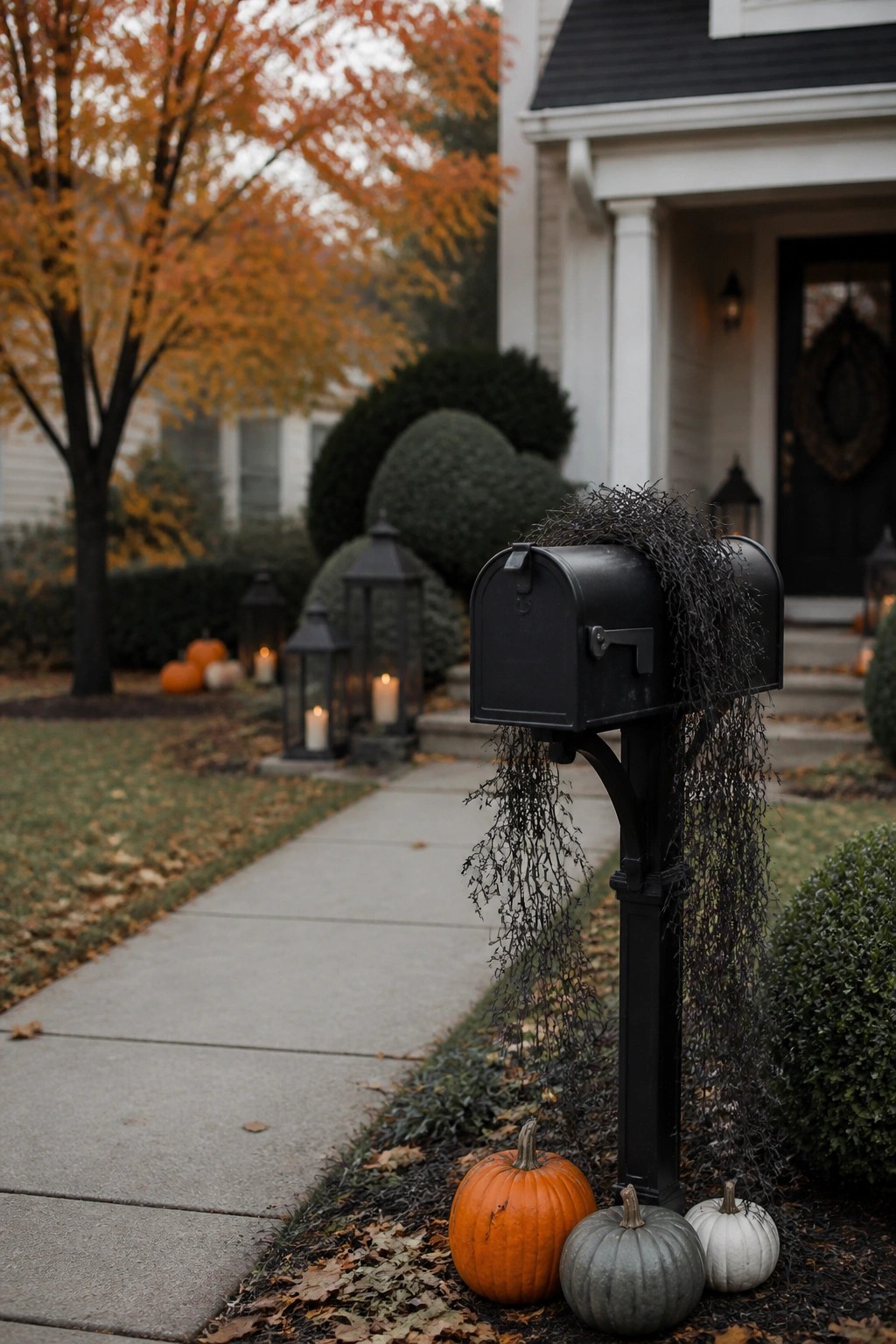 Black mailbox wrapped in dark tangled branches with orange, green, and white pumpkins at the base along a walkway.