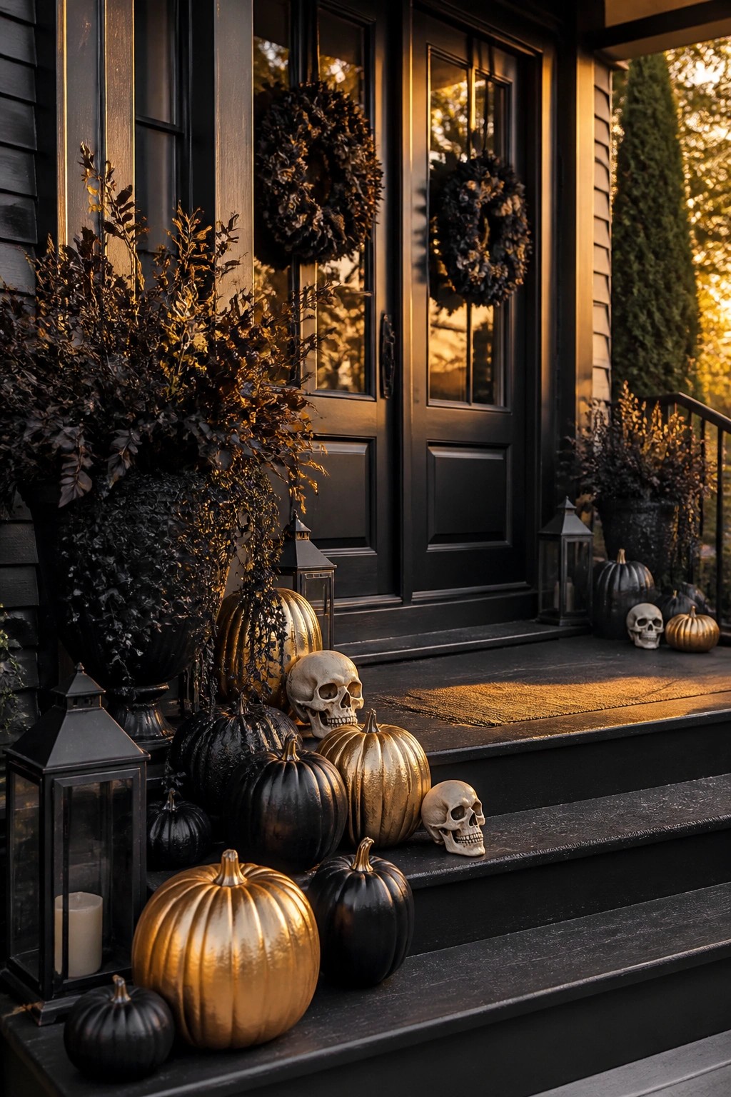 Black front door with black and gold pumpkins and skulls arranged on the porch steps, flanked by dark urns and lanterns.