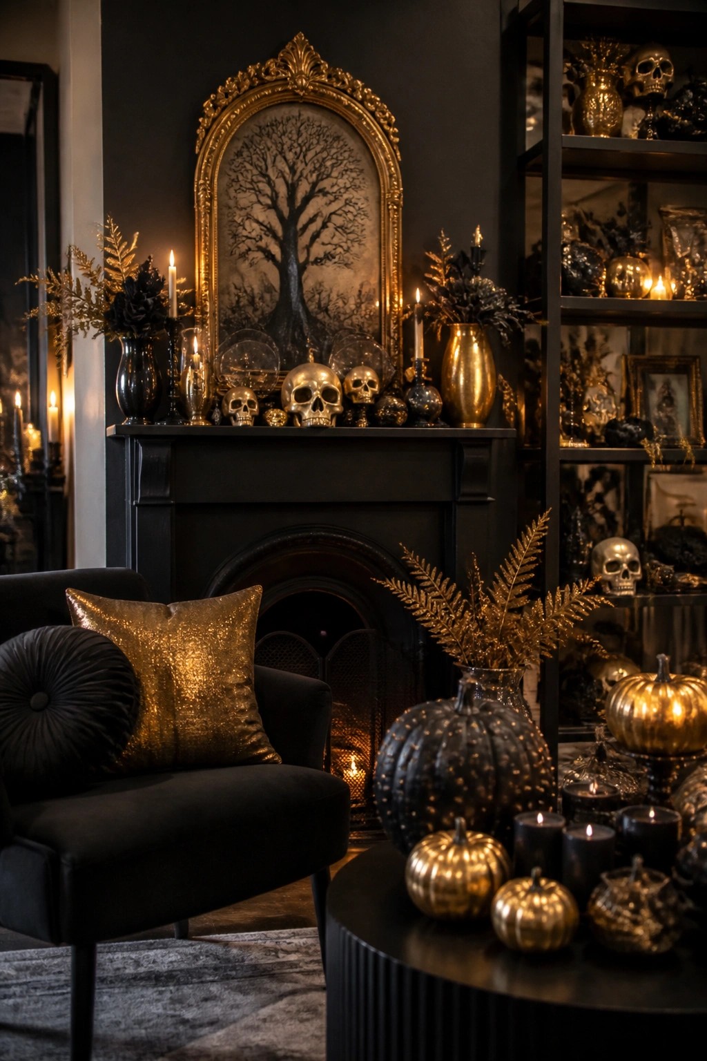 Black fireplace mantel decorated with golden skulls, metallic pumpkins, black candles, and dark foliage in a living room setting.