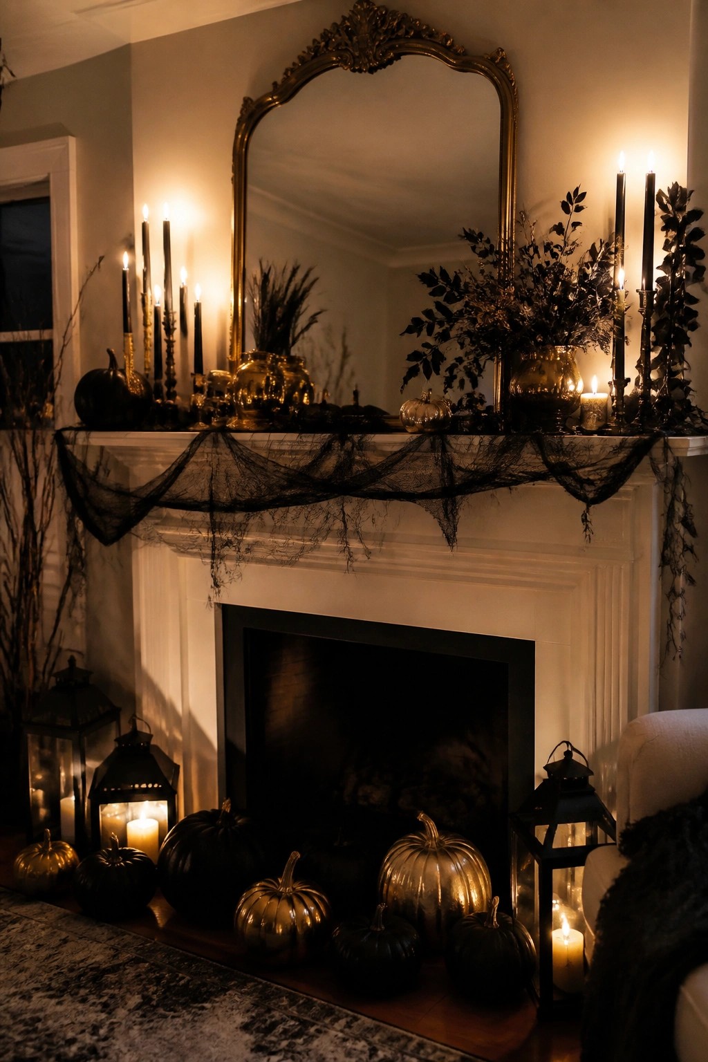 A white fireplace mantel styled for Halloween with black webbing, black and gold pumpkins, dark foliage, and black candles.