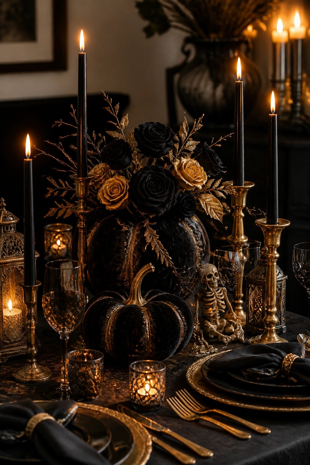 Dining table set with black and gold plates, a large black pumpkin centerpiece with black and gold roses, black candles, and a small skeleton figure.