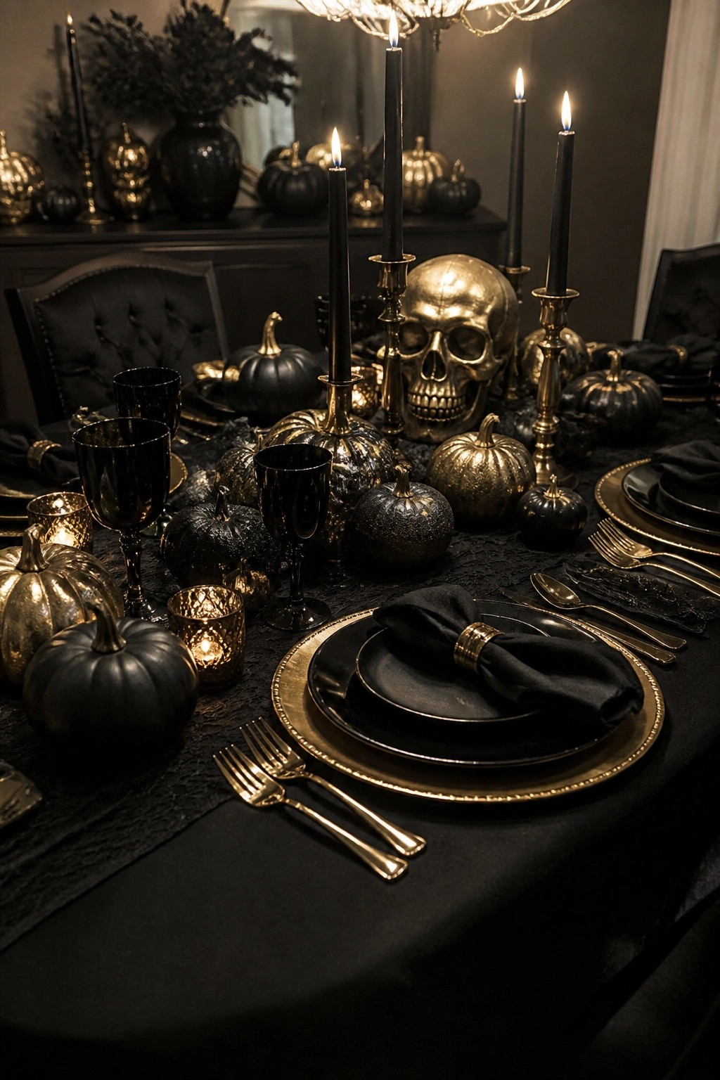 A black dining table with a large golden skull centerpiece, black and gold pumpkins, and tall black candles.