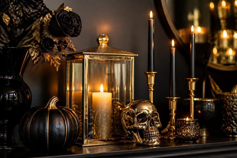 25 Chic Black and Gold Halloween Decor Ideas for Glam Vibes A gold skull sits on a dark marble surface surrounded by black and gold pumpkins, black roses, and a gold candelabra with black candles.