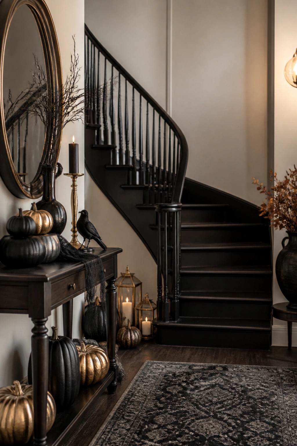 Entry console table decorated with black and gold pumpkins, a black crow, dark branches, and candles next to a black staircase.