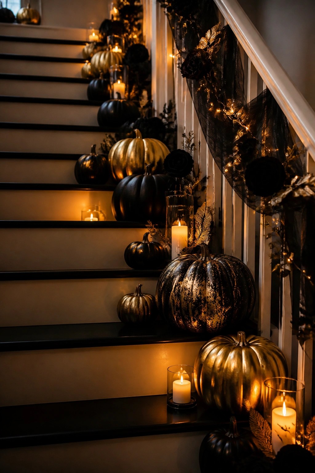 Elegant Halloween staircase with black and gold pumpkins, glowing candles, and string lights.