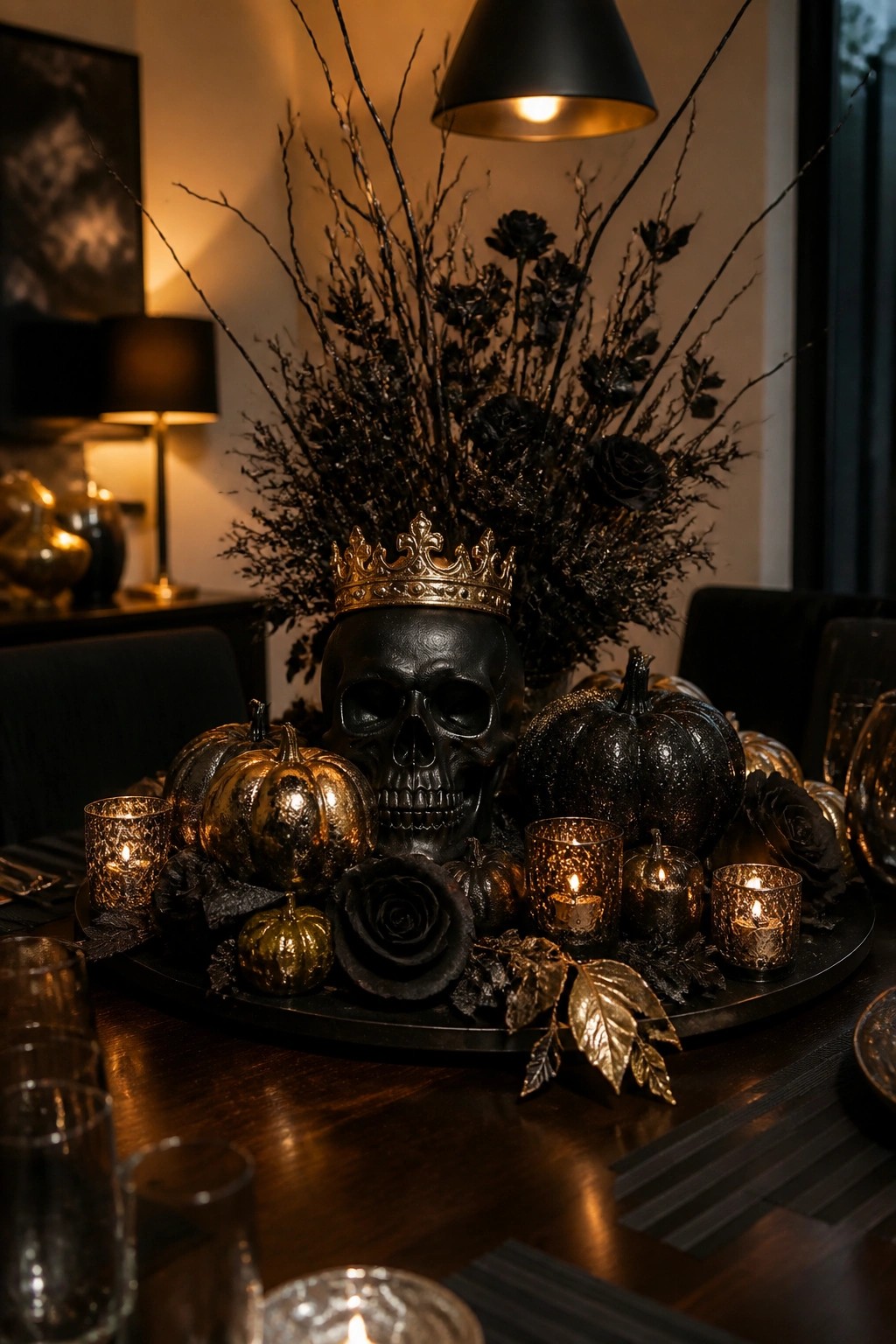 Black crowned skull with gold pumpkins, black roses, and lit candles on tray