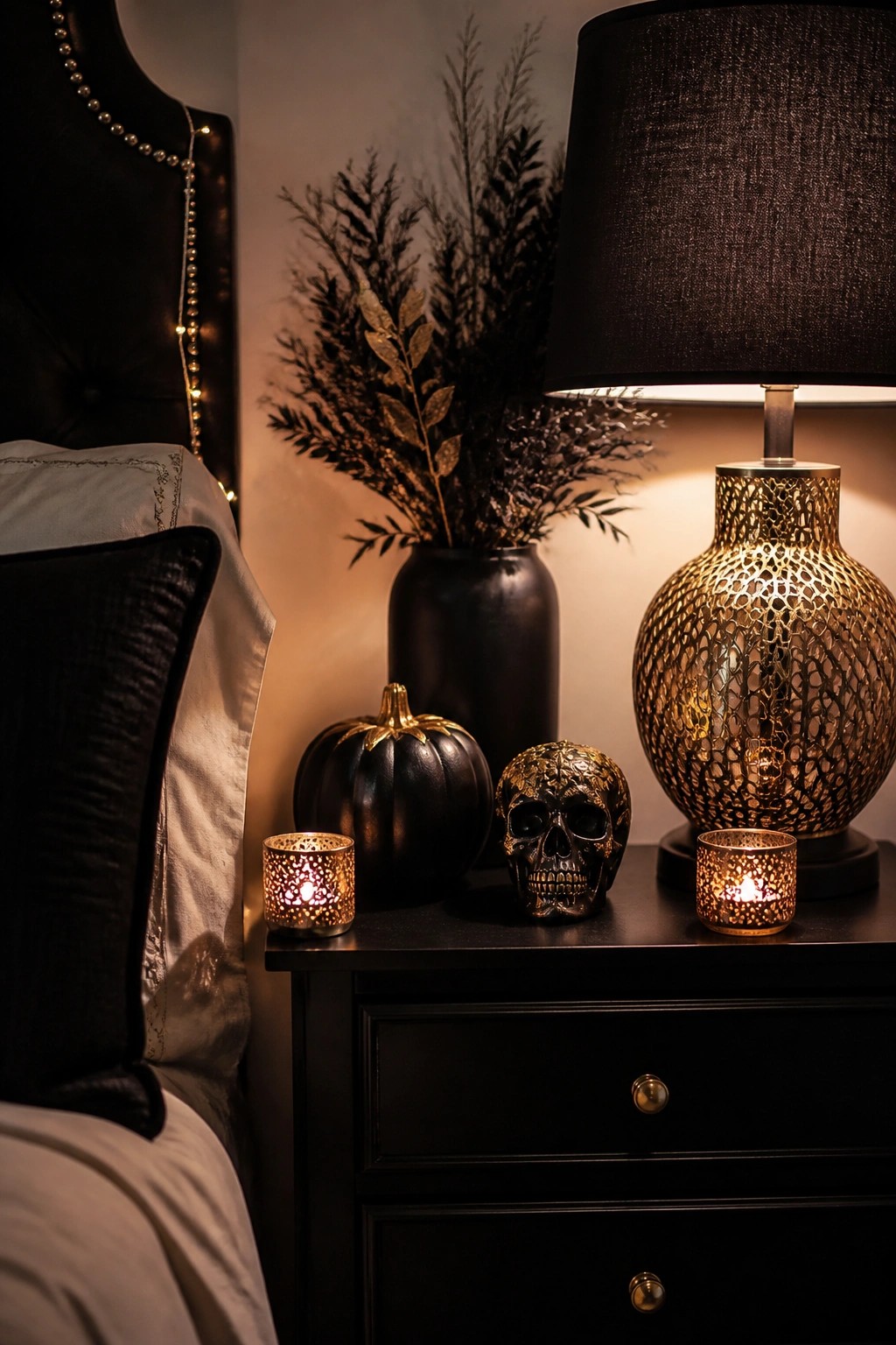 Black nightstand topped with a gold decorative skull, black pumpkin, and two lit gold candle holders beside a black lamp.