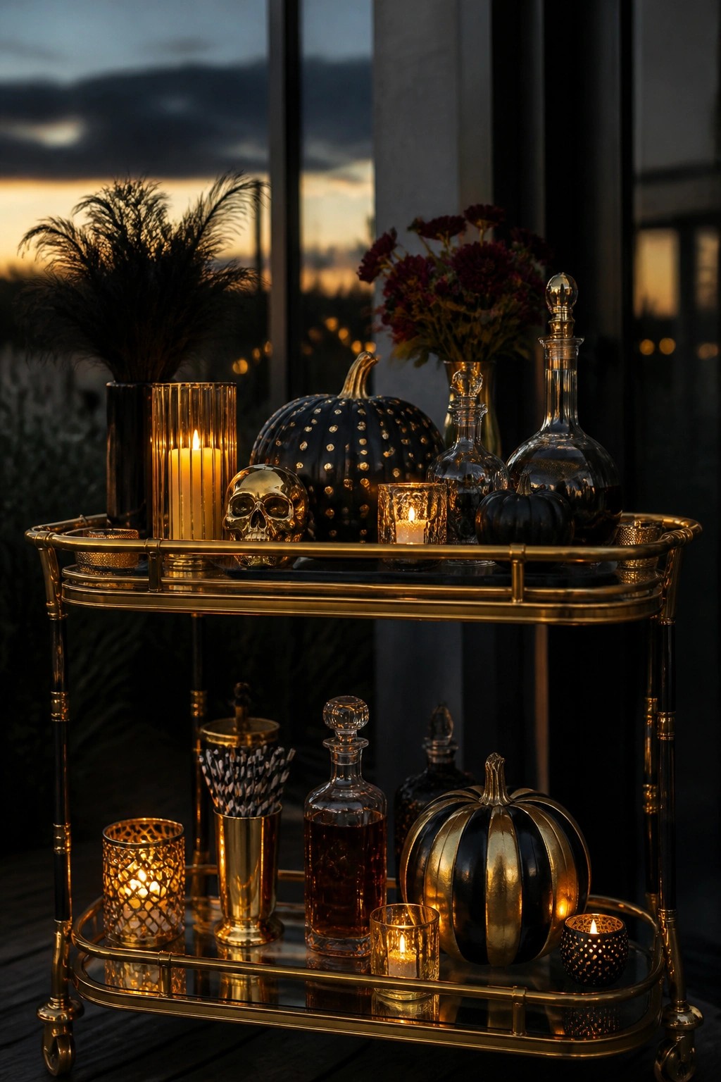Black and gold bar cart styled with a metallic skull, black and gold pumpkins, dark glass bottles, and lit candles.
