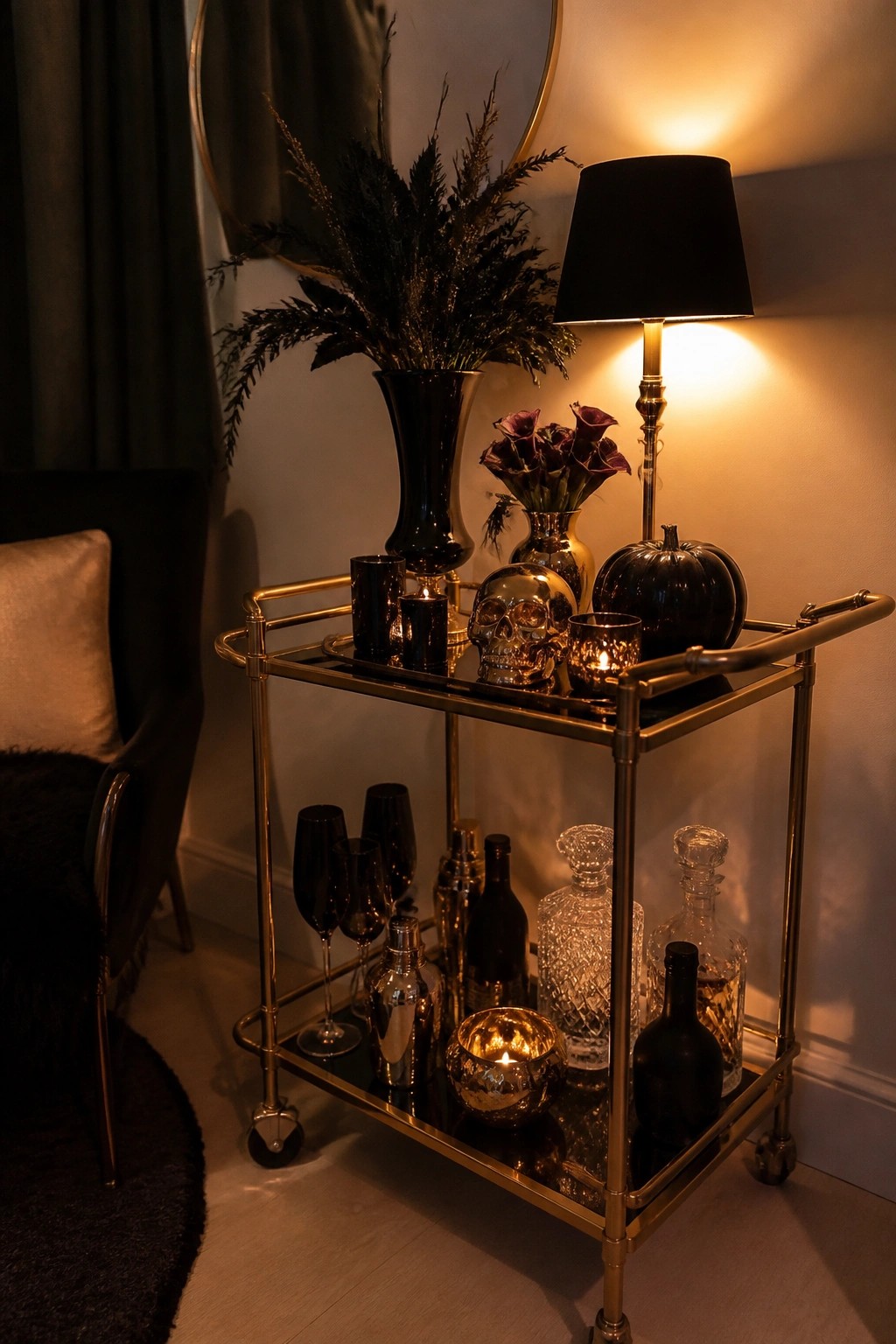 Gold bar cart decorated with a metallic skull, black pumpkin, dark flowers, and candles in a living room setting.