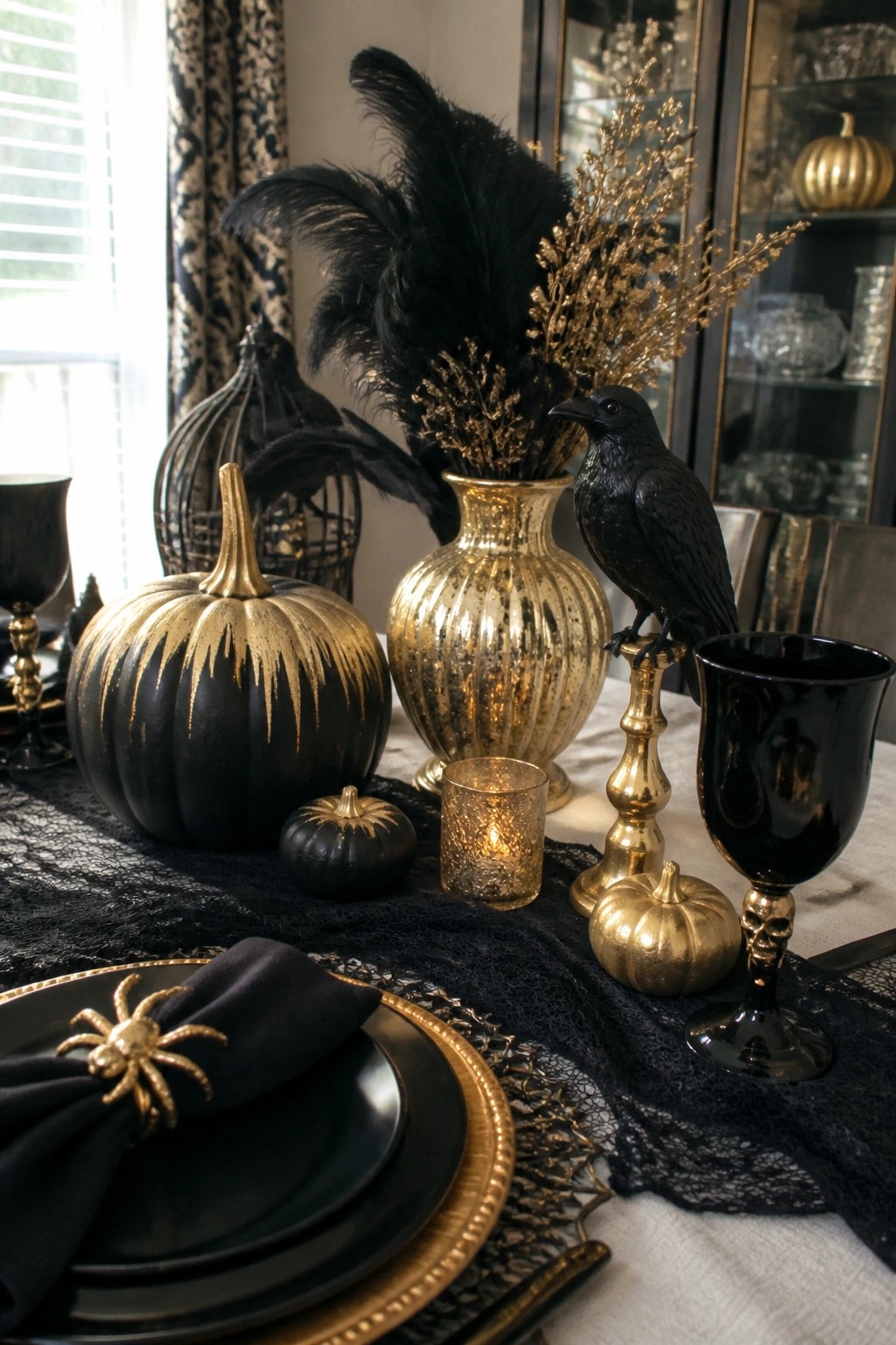 Elegant black and gold Halloween table setting with pumpkins, crow, feathers, and spider napkin ring.