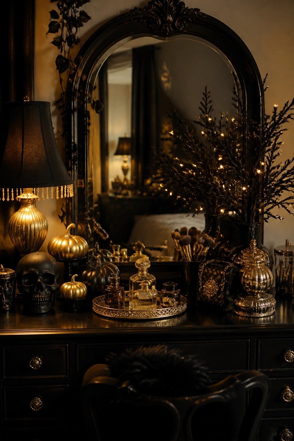 Black vanity table with a skull, gold pumpkins, perfume bottles on a tray, and dark branches with lights arranged in front of an ornate mirror.