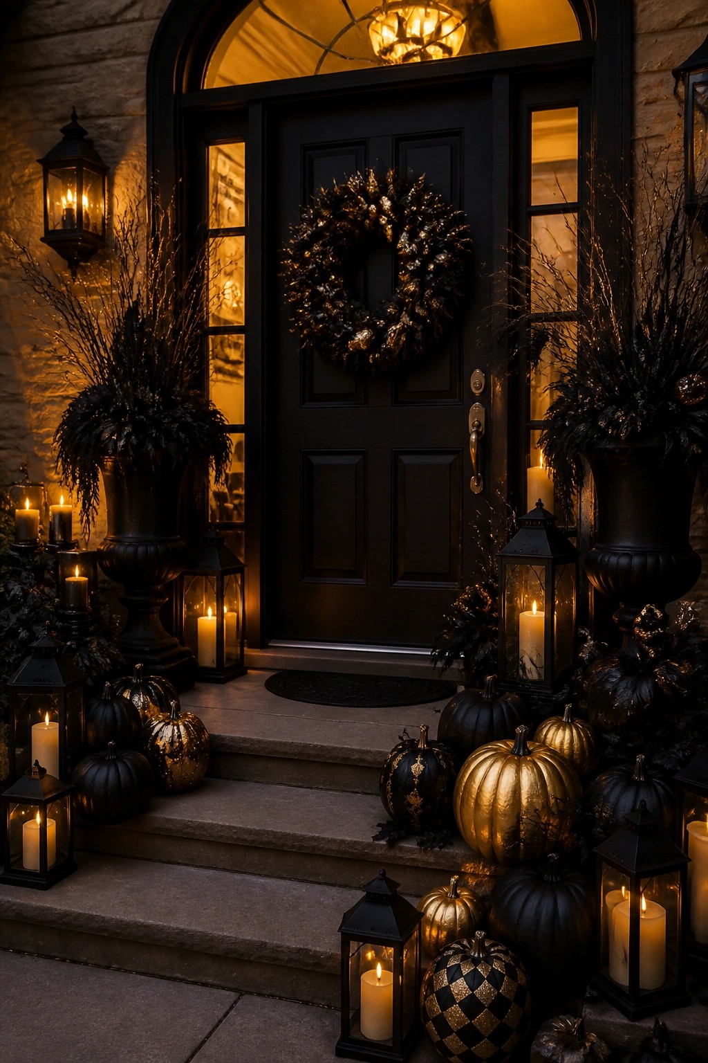 Dark front door with a black wreath, black and gold pumpkins arranged on the steps, and black lanterns with candles.