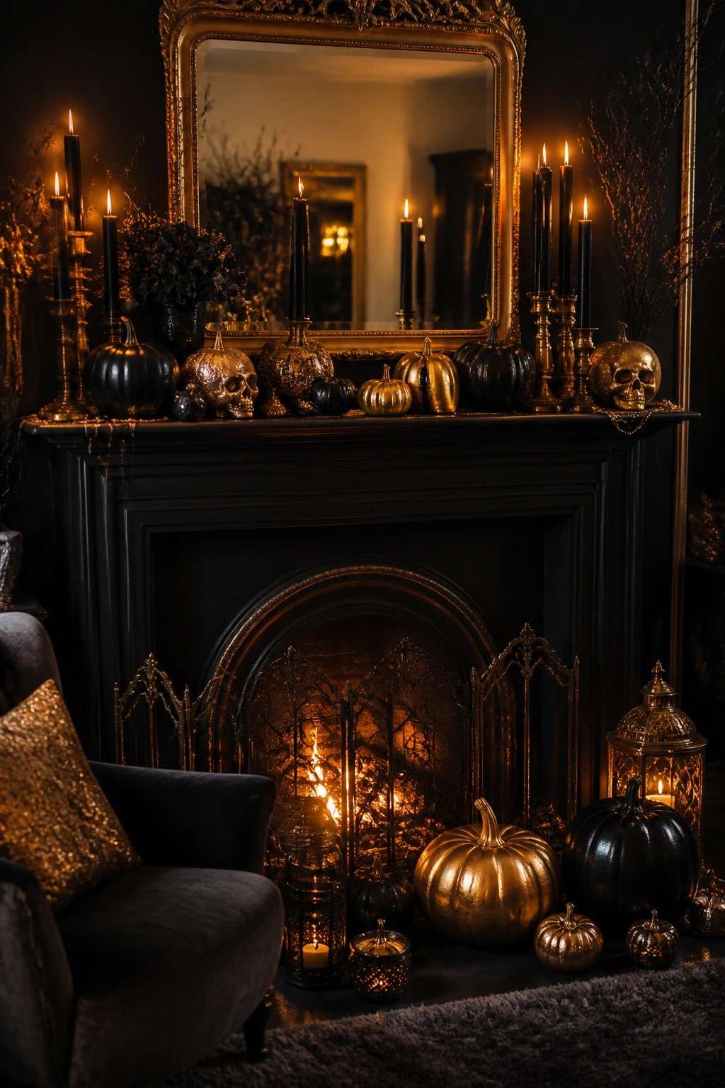 Black fireplace mantel styled with black and gold pumpkins, skulls, and lit black candles for a Halloween display.