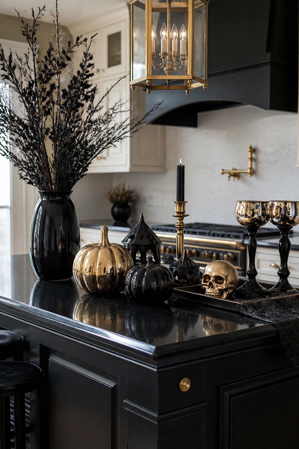 Kitchen island with a black tray holding a gold skull, metallic black and gold pumpkins, and black and gold goblets.