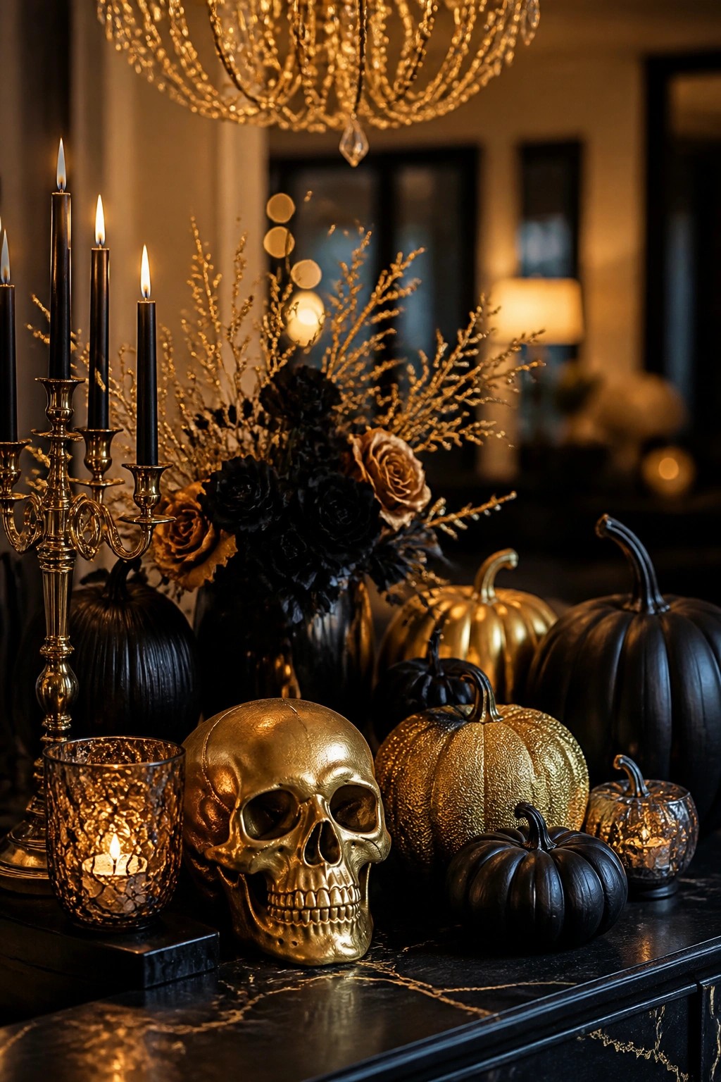 A gold skull sits on a dark marble surface surrounded by black and gold pumpkins, black roses, and a gold candelabra with black candles.
