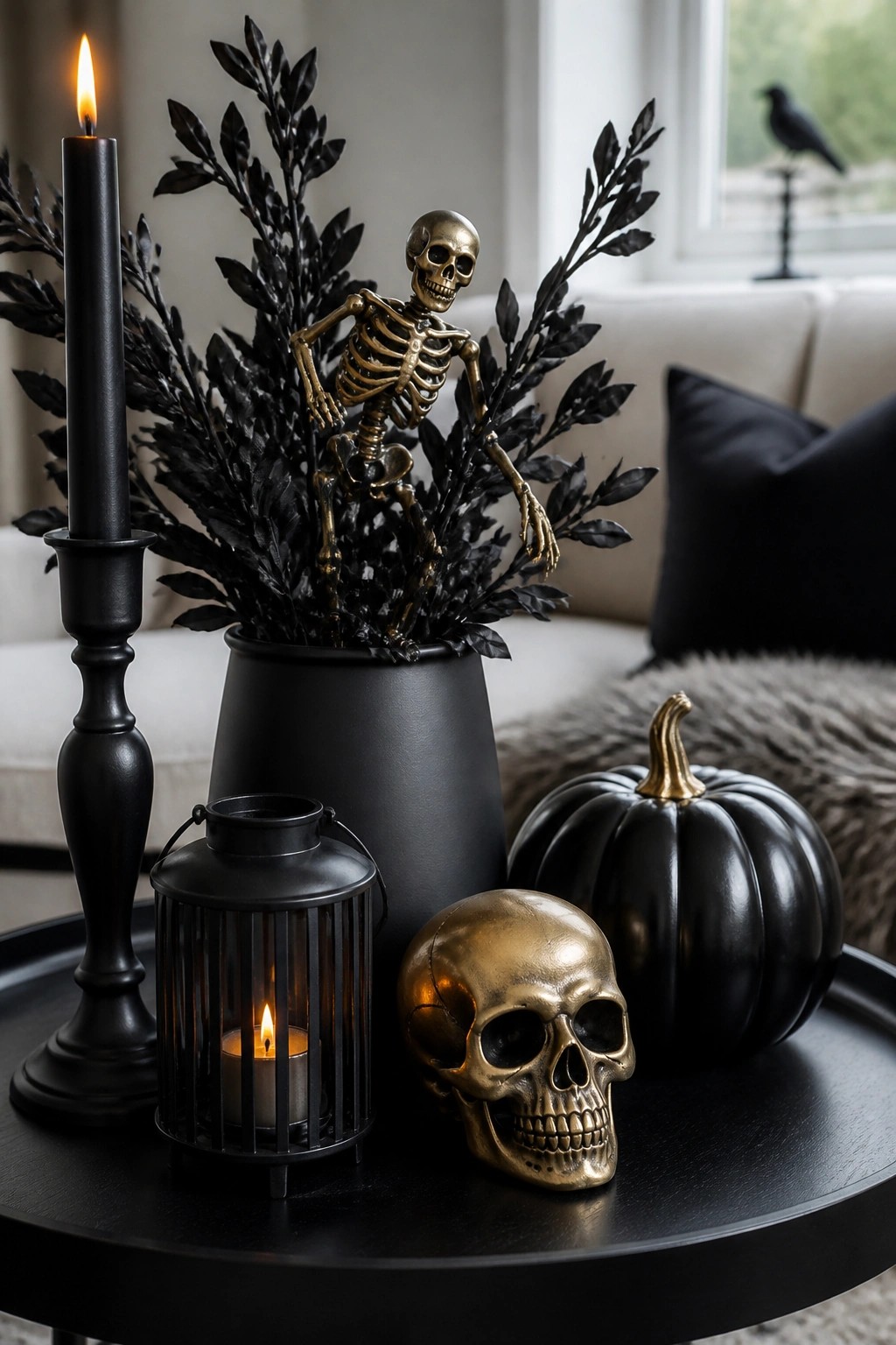 Lit black candle and lantern with gold skeleton, skull, and black pumpkin on table