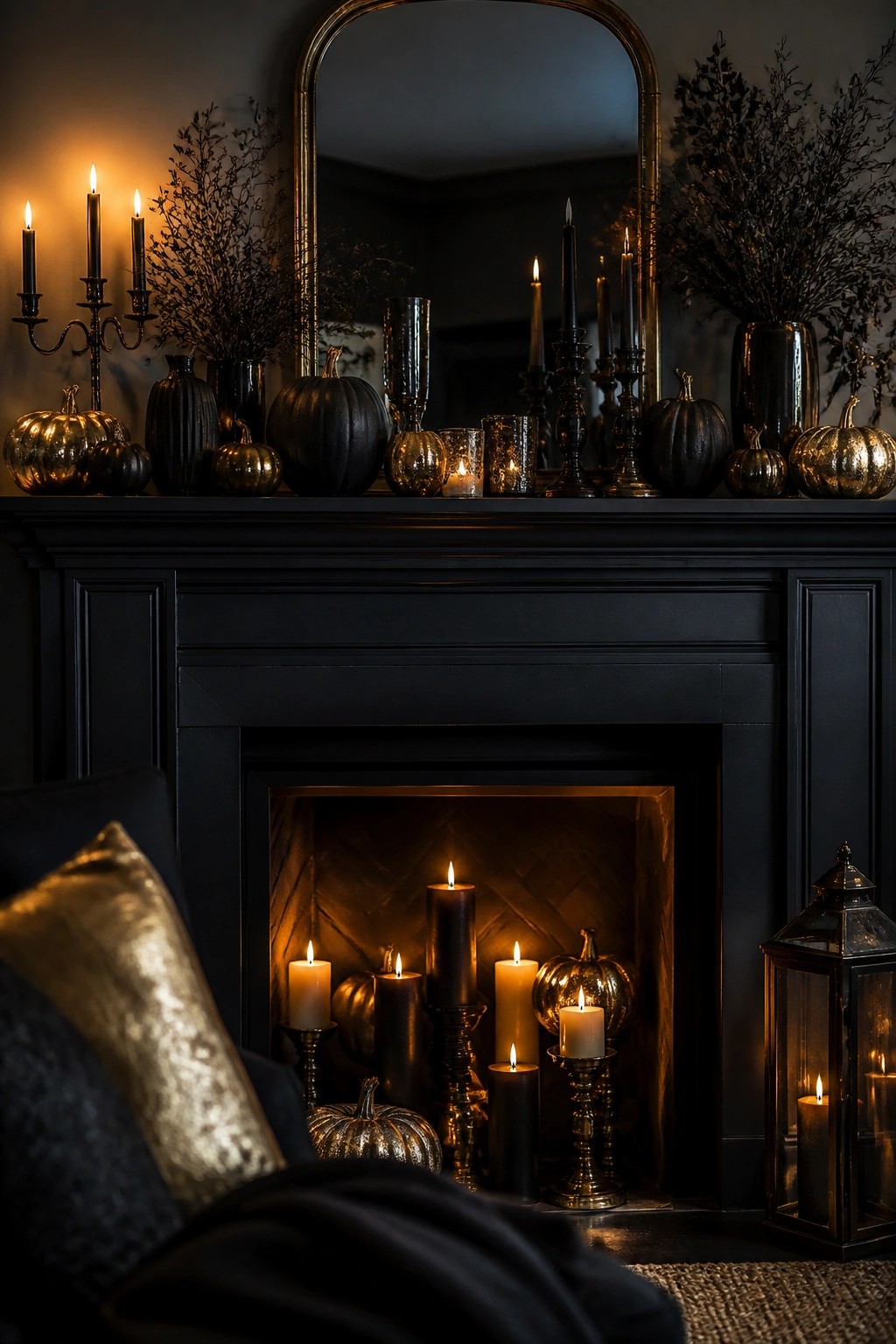 Black fireplace mantel styled with black and gold pumpkins, black candles, and dark dried branches for Halloween.