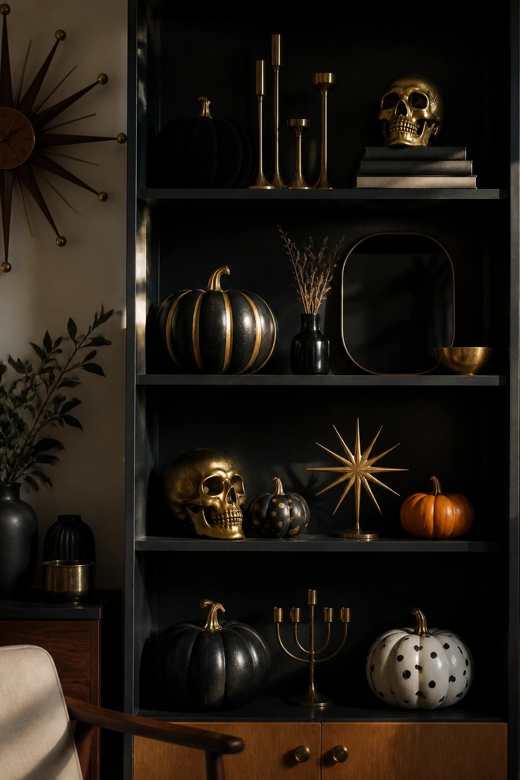 Dark built-in shelves displaying gold skulls, black and gold pumpkins, brass candlesticks, and a gold starburst accent.
