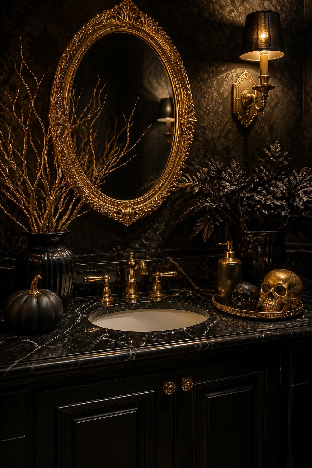 Bathroom vanity with black marble countertop featuring a gold tray holding two skulls, a black pumpkin, and vases with gold branches beside an ornate gold mirror.