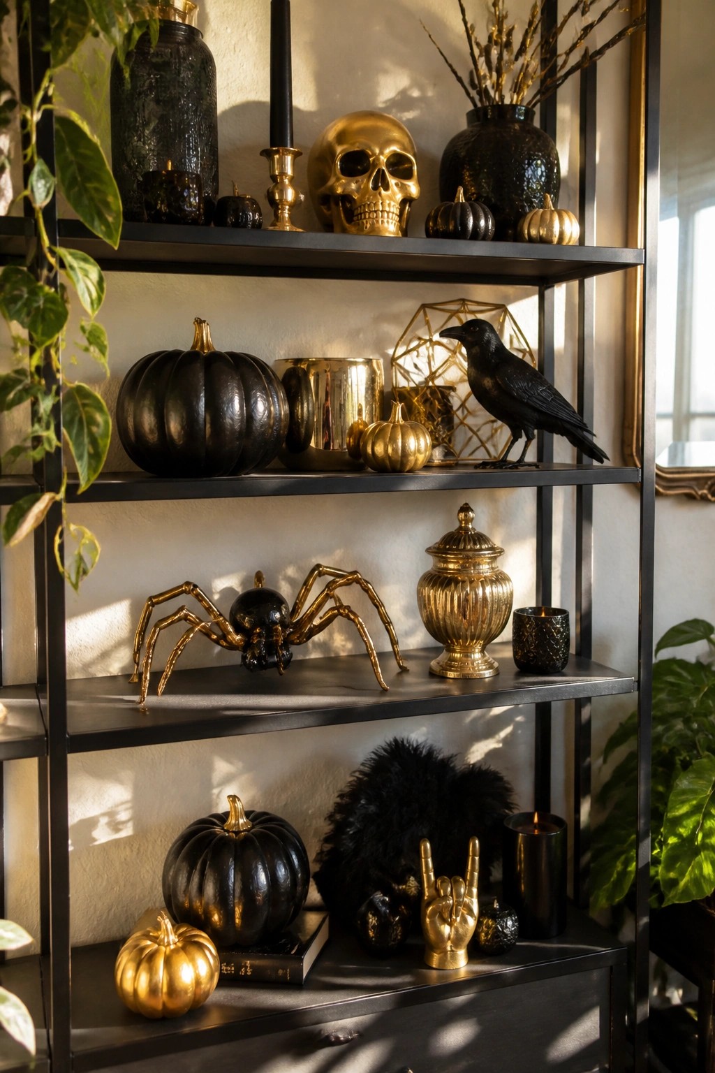 Black metal shelves styled with gold and black Halloween decor including a large golden skull, black crow, golden spider, pumpkins, and candles.