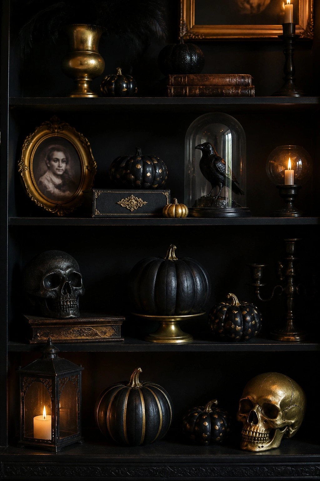 Black built-in shelves styled with gold and black skulls, metallic pumpkins, a crow under glass, and lit candles.