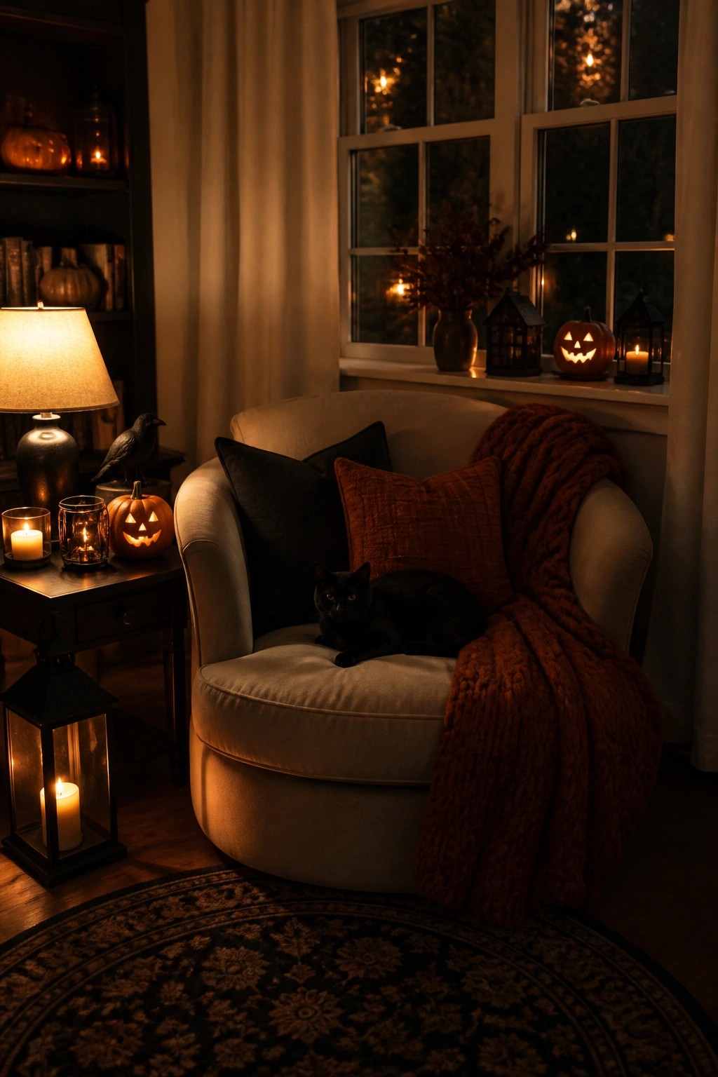 Neutral armchair with a black cat, surrounded by lit jack o lanterns and candles on a side table and windowsill.