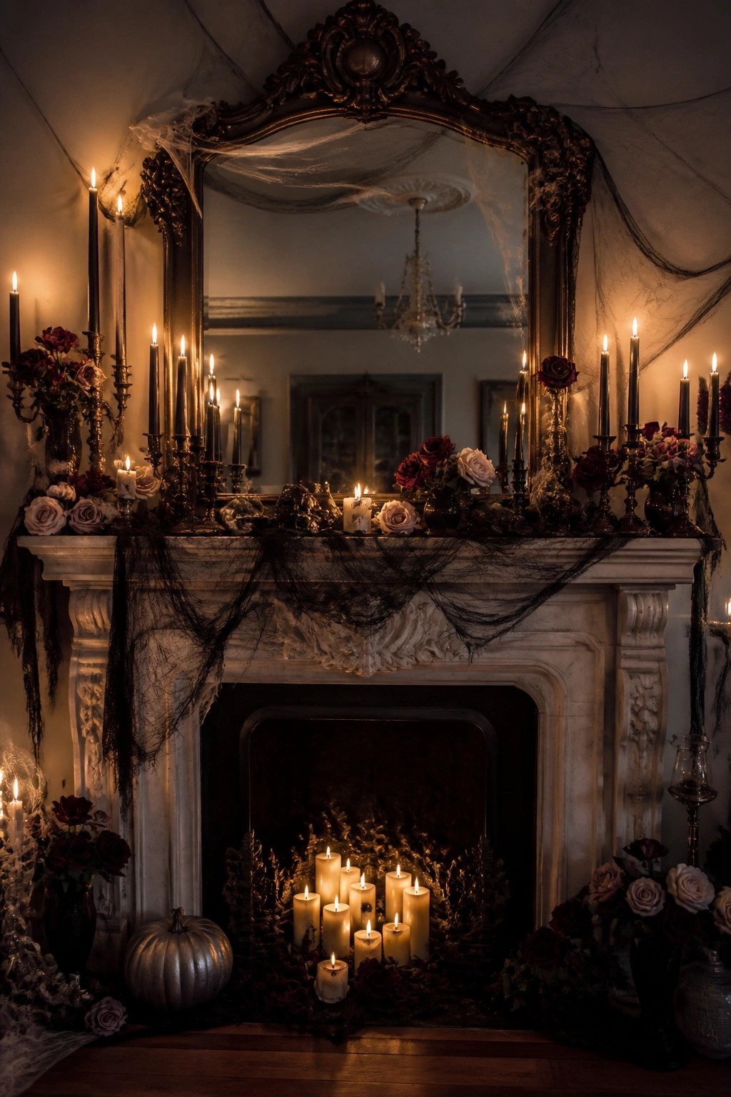 A white marble fireplace mantel covered in black spiderweb fabric, tall black candles, dark roses, and a silver pumpkin on the floor below.