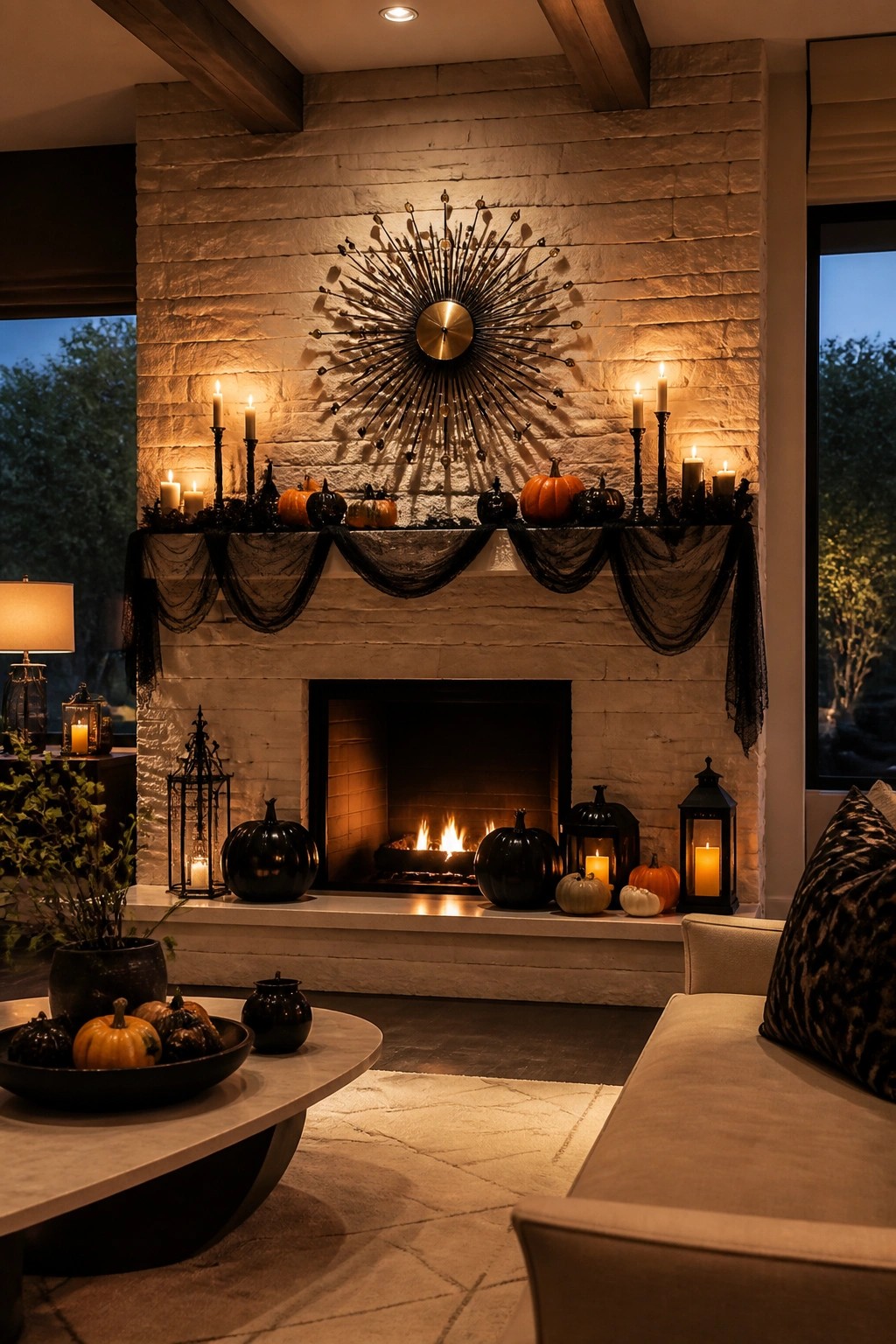 White brick fireplace mantel styled with orange and black pumpkins, lit taper candles, and black sheer fabric garland, plus a large metal starburst decoration above the mantel.