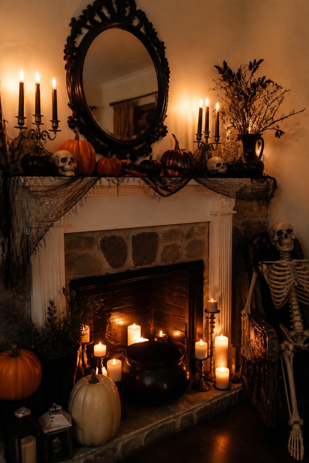 Halloween fireplace with pumpkins, skulls, lit candles, cauldron, ornate mirror, and skeleton.