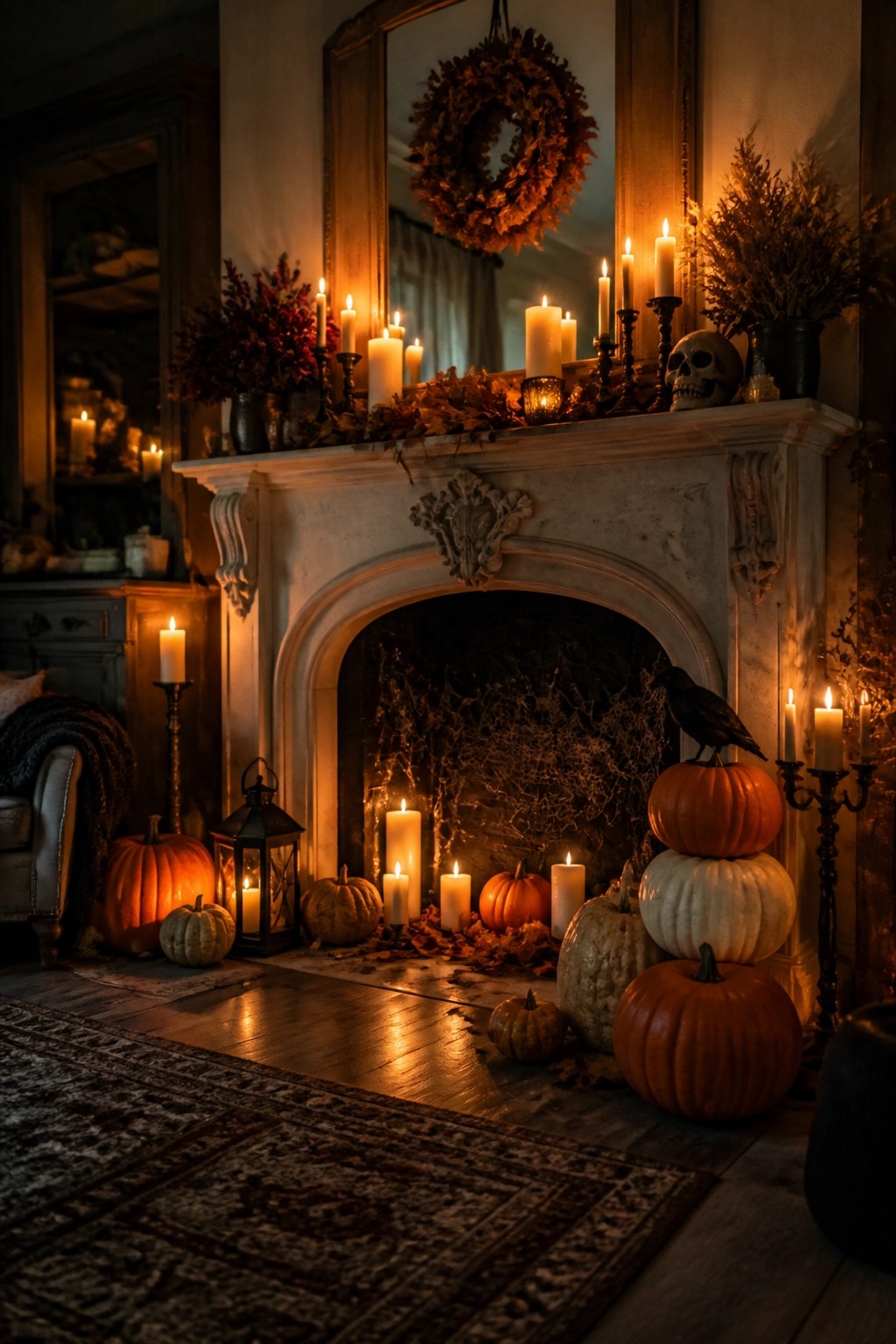 A marble fireplace mantel styled for Halloween with rows of white candles, a skull, a black crow on stacked pumpkins, and spiderwebs inside the firebox.