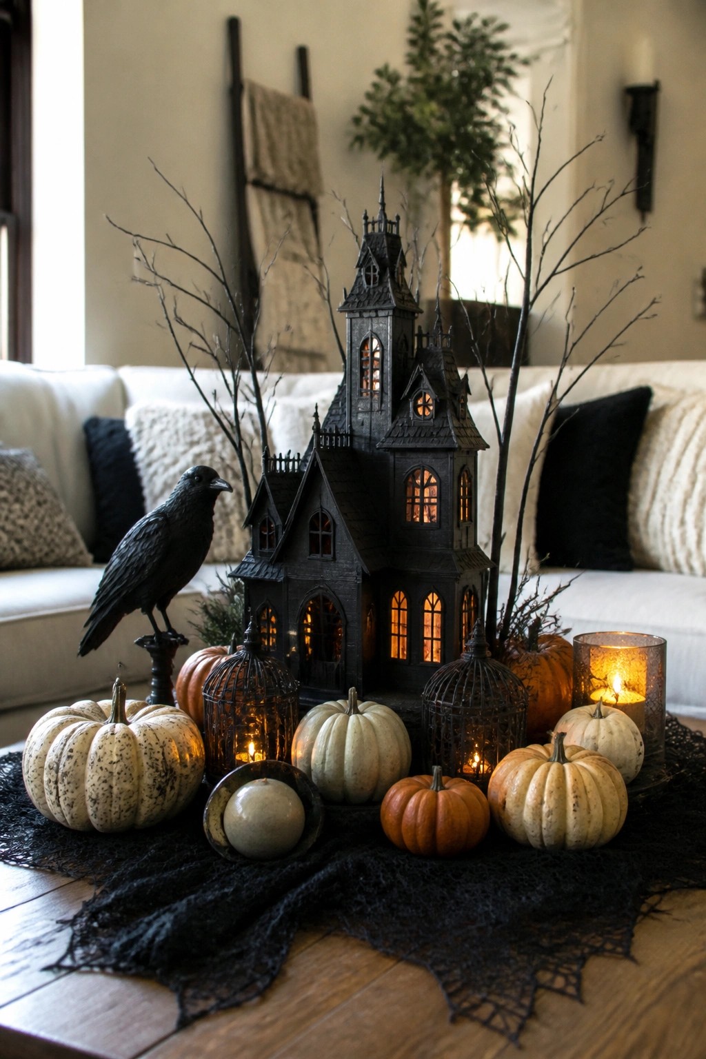 Coffee table decorated with a large black haunted house, a crow figurine, black branches, pumpkins, and lit lanterns on a spiderweb runner.