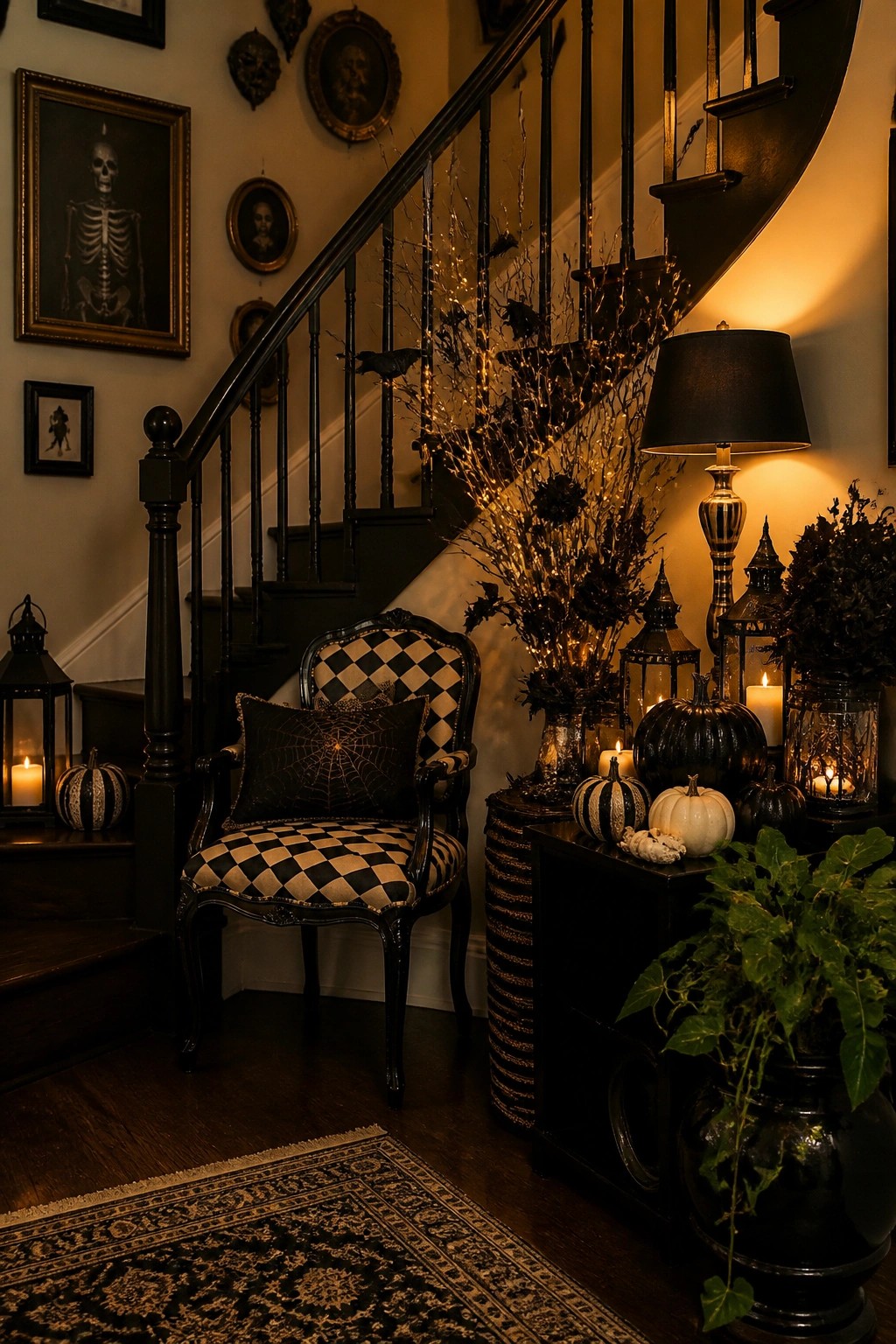 Dark staircase decorated with tall branches, string lights, and black bats, next to a checkered chair with a spiderweb pillow and a side table holding pumpkins and lanterns.
