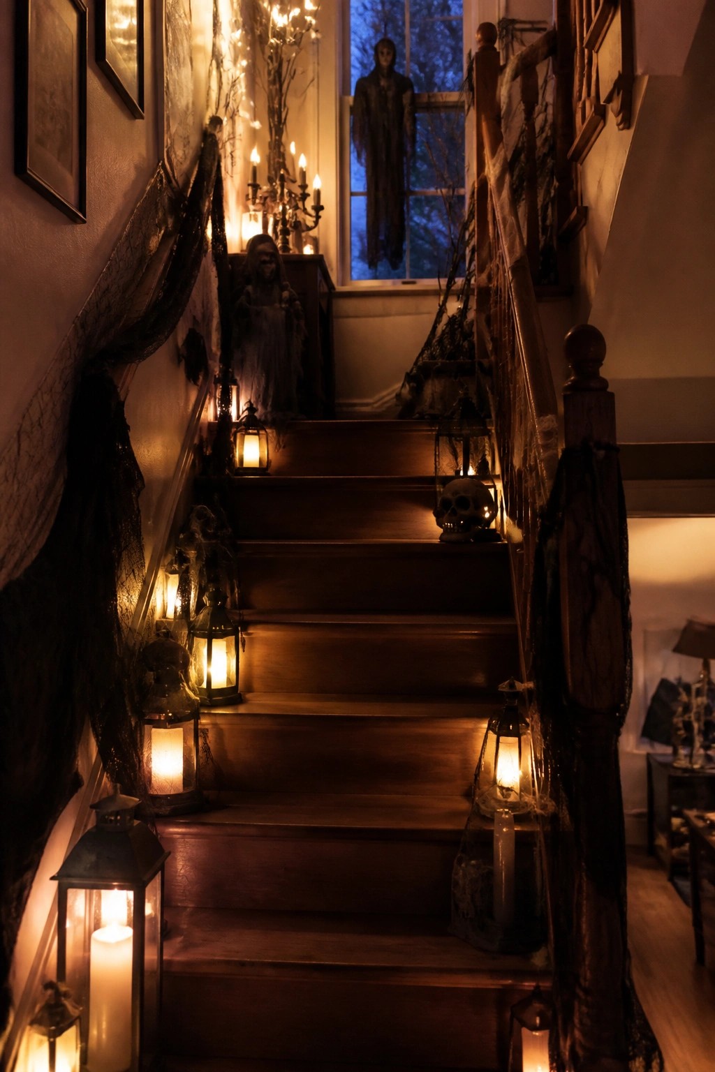 Wooden staircase lined with white ghost figures, glowing lanterns, and spiderwebs for Halloween.
