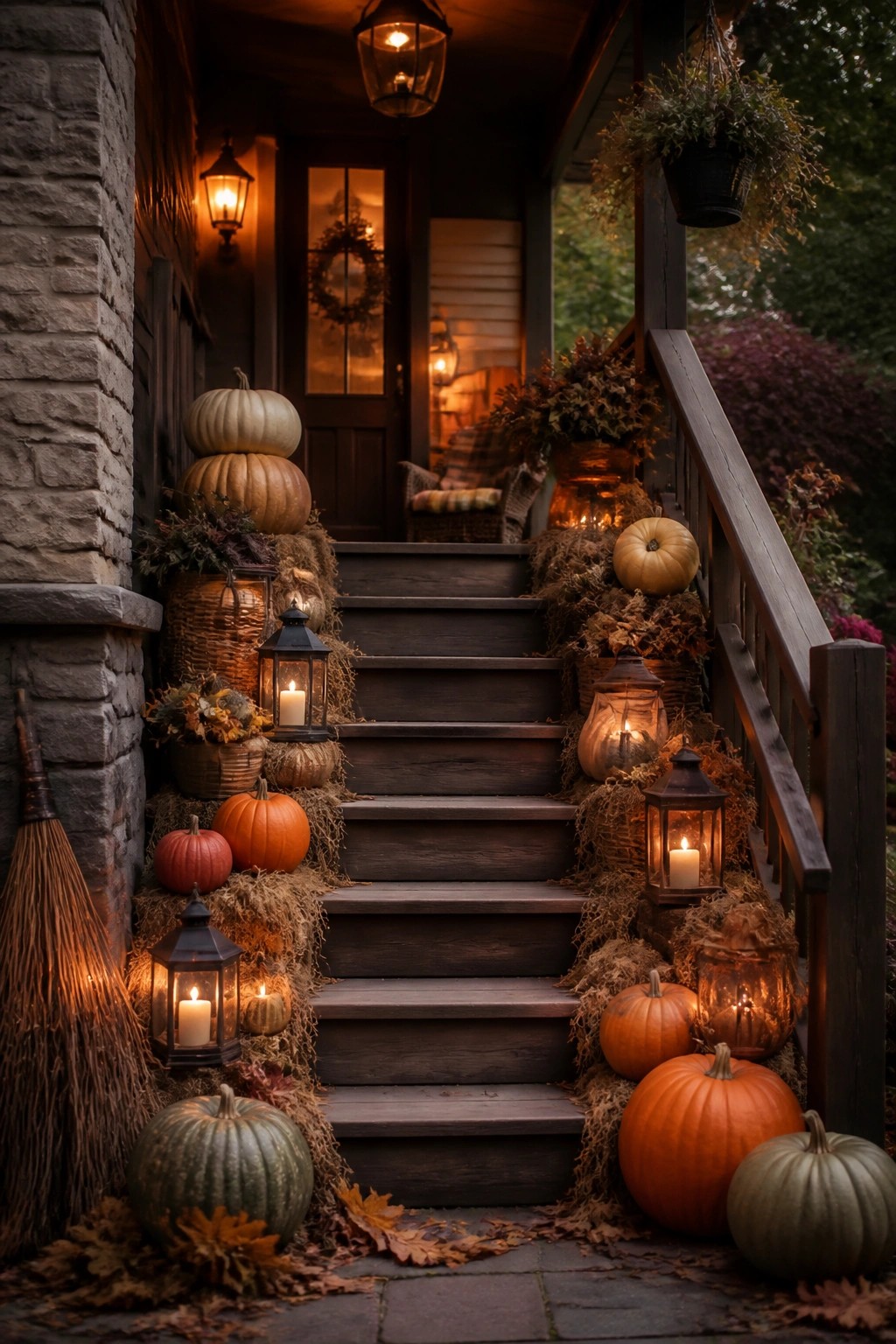 Wooden porch staircase lined with orange, white, and green pumpkins plus glowing lanterns set among dried hay.