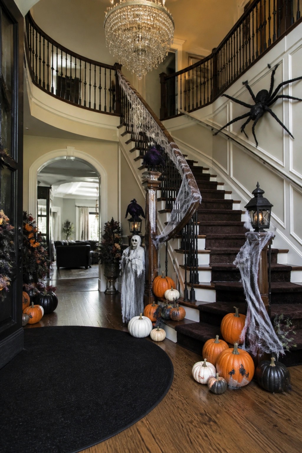 Grand foyer staircase decorated with white spiderwebs along the railing, a large black spider on the wall, and pumpkins grouped on the steps.